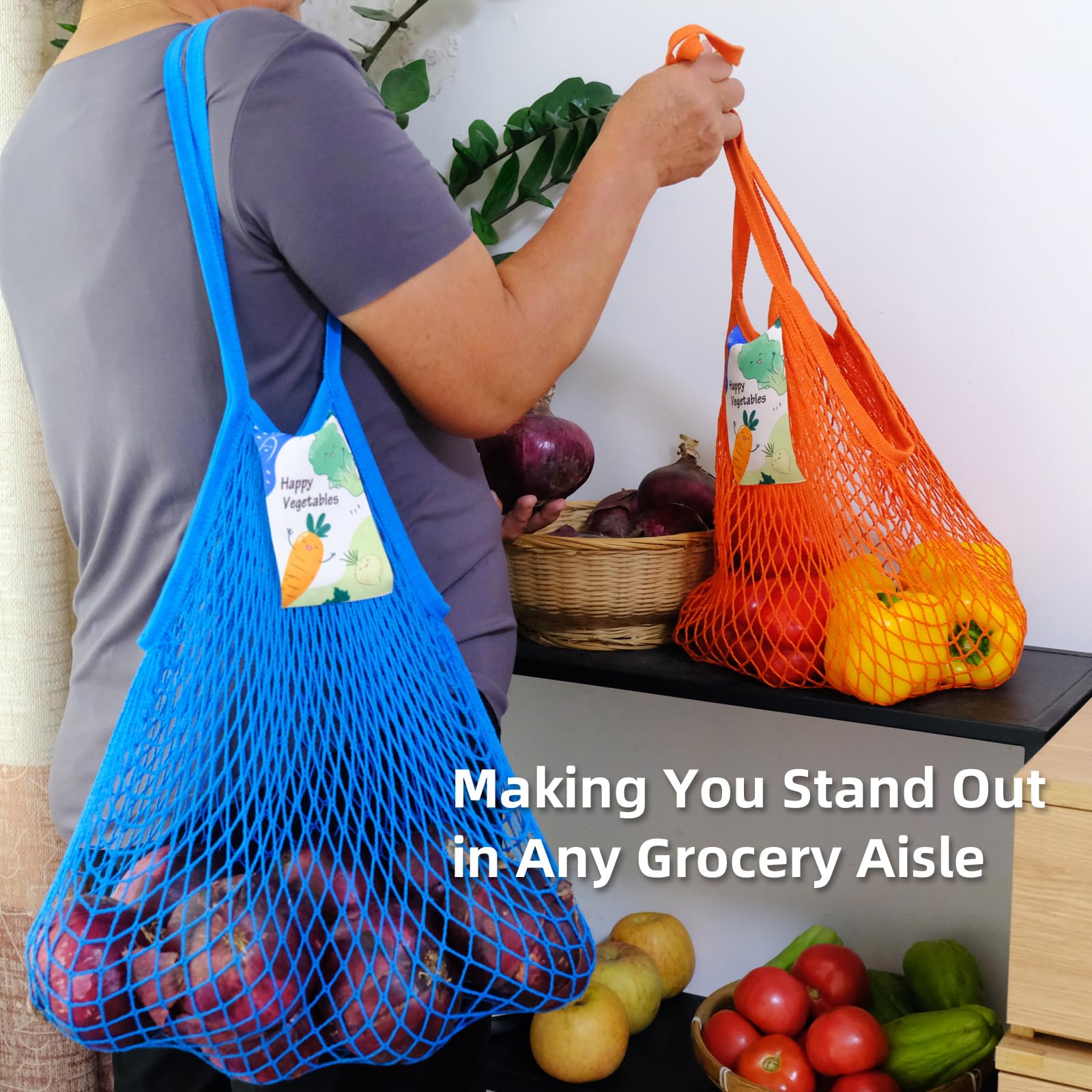 **Reusable Mesh Grocery Bags for Vegetables & Fruits - 2 Pack Washable Cotton Net Produce Bags with Long Handles - Eco-Friendly Shopping Totes for Onions, Organics & Farmers Market**    *(Perfect for Grocery Shopping, Farmers Markets, Zero-Waste Lifestyle & Bulk Food Storage)*