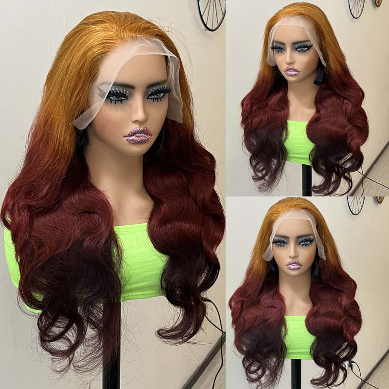 Eullair Flawless Ombre Coral Orange Copper Brown Body Wave Human Hair Wig with Lace Frontal - Sunset Copper Brown for Daily Wear, Parties & Special Occasions