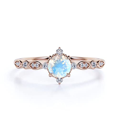 10K/14K Vintage Rainbow Moonstone & Diamond Engagement Ring - Scalloped Rose Gold Wedding Band, Birthstone Jewelry for Women - Perfect for Anniversaries, Proposals & Special Occasions