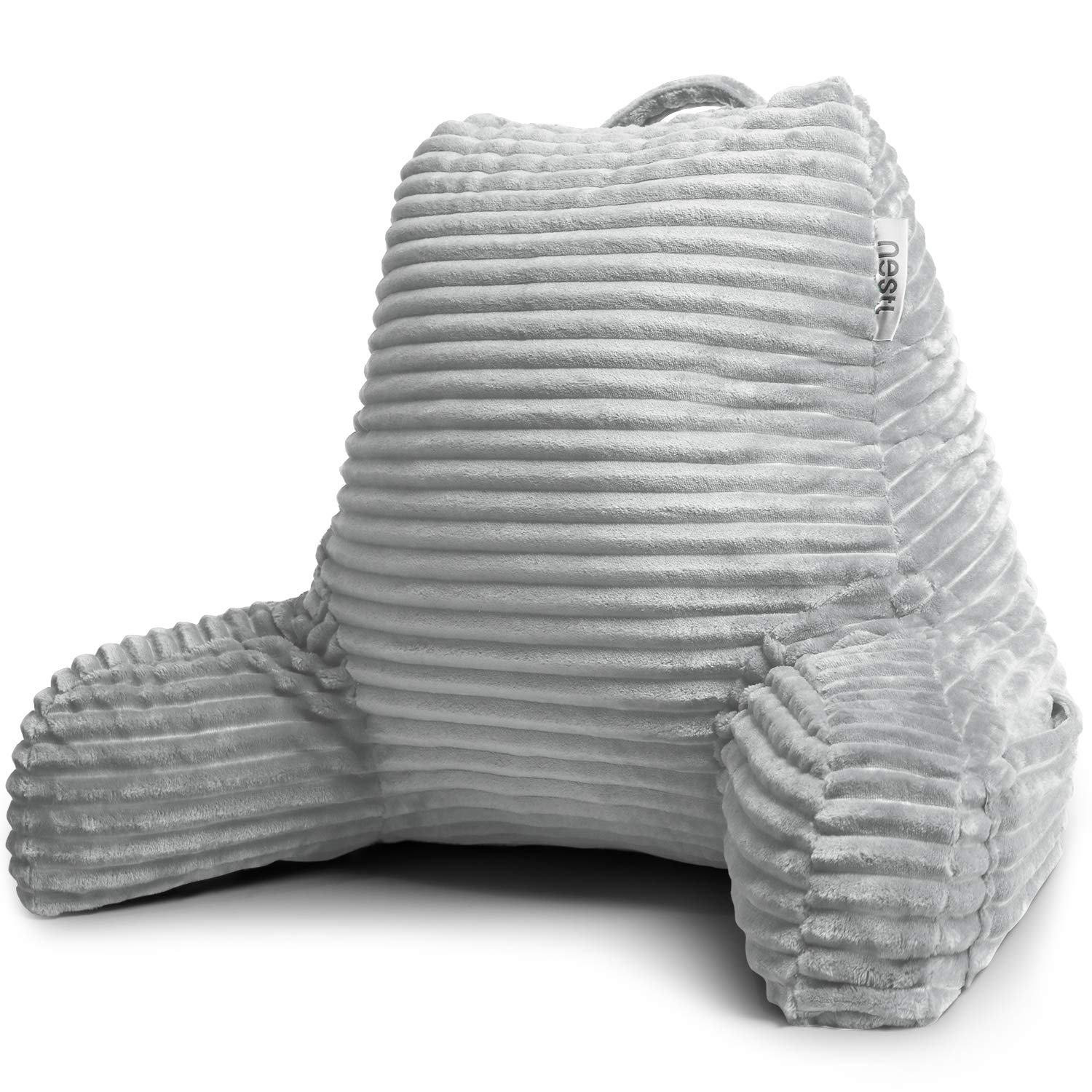 Nestl Reading Pillow for Adults - Plush Back Support Pillow with Shredded Memory Foam, Armrests & Pockets - Perfect for Sitting Up in Bed, Reading, Watching TV, or Relaxing - Silver Bed Rest Pillow