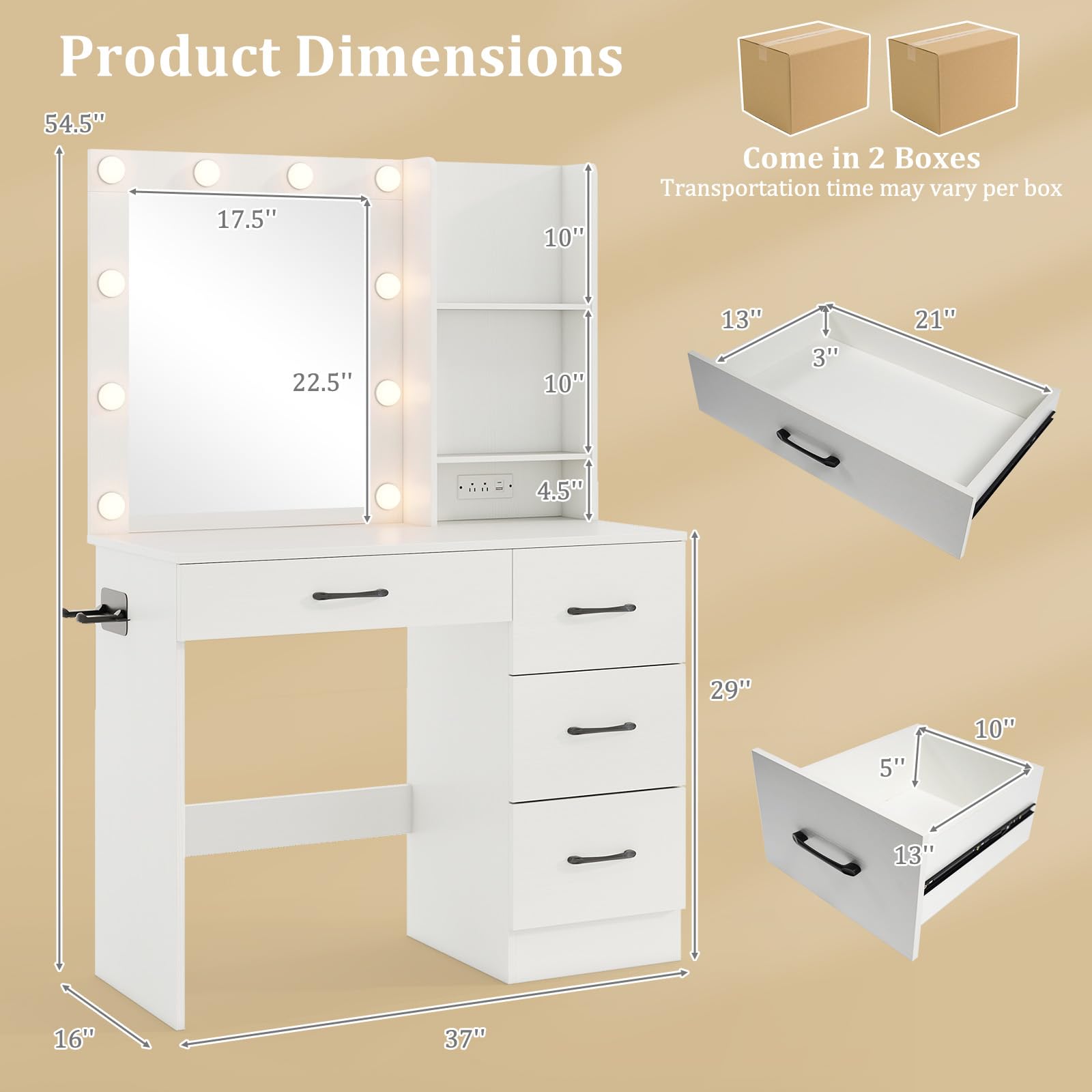 Charmaid White Vanity Desk with Mirror, LED Lights & Charging Station - Modern Makeup Dressing Table with 4 Drawers & 2 Shelves, 3-Color Adjustable Lighting - Perfect for Bedroom, Home Salon & Beauty Room Organization