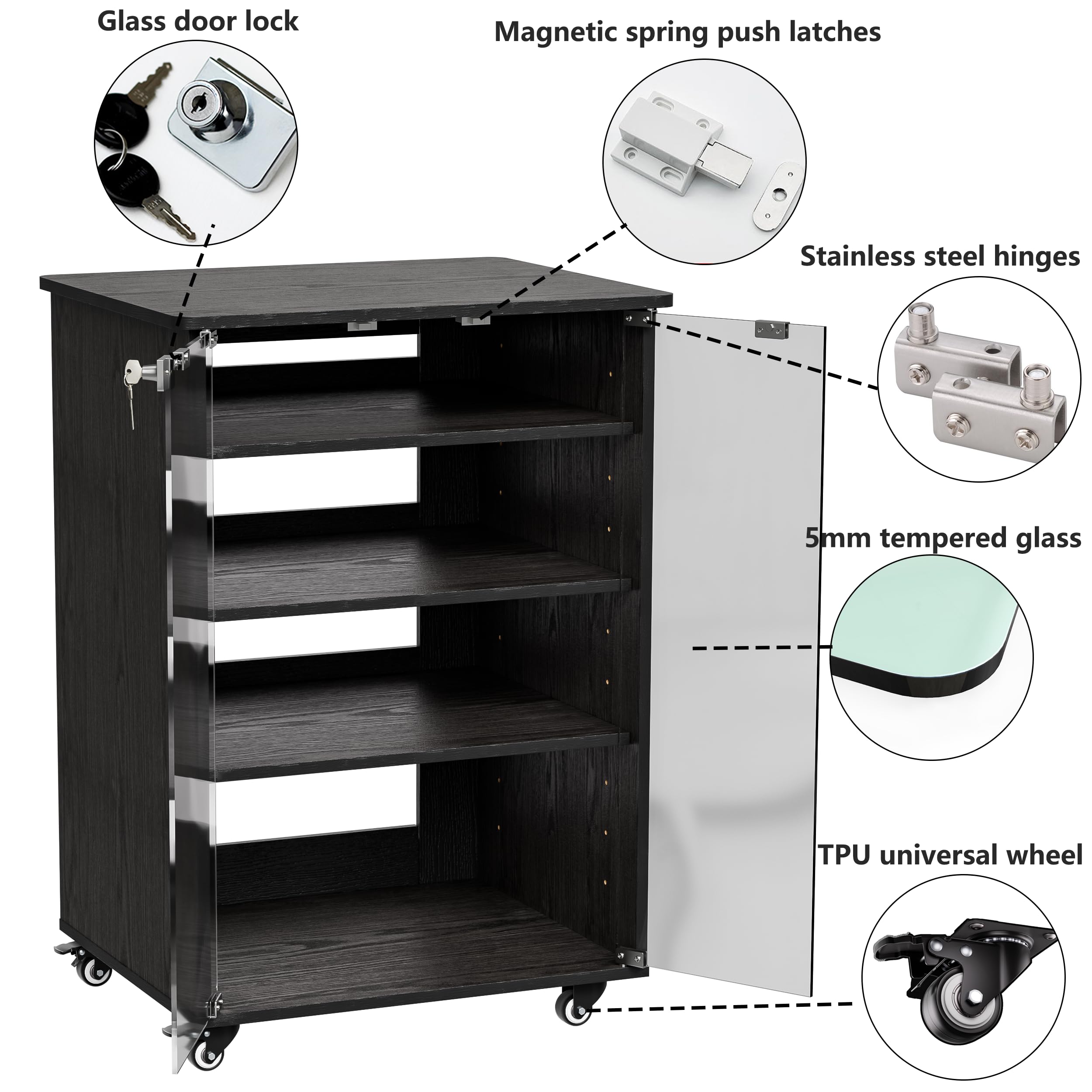 PAKASEPT Adjustable Height Media Storage Cabinet with 4 Shelves & Lockable Glass Doors - Modern AV Stand for DVDs, Games & Electronics - Perfect for Living Room, Home Theater & Office Organization