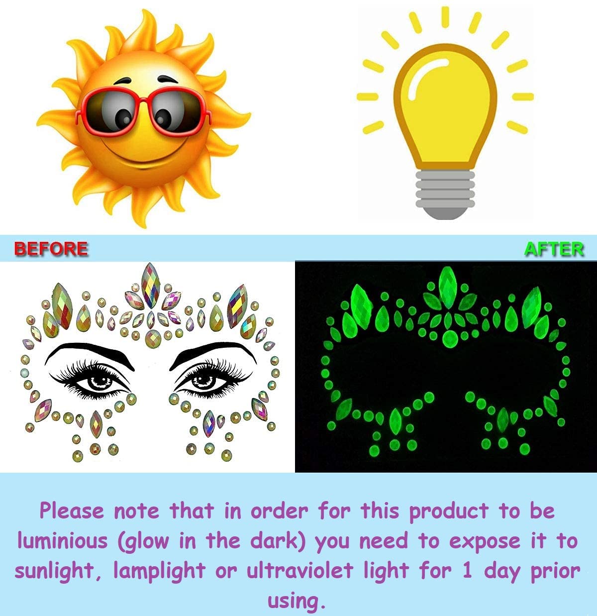 Glow in the Dark Face Gems - S.A.V.I 3D Luminous Crystal Stickers for Face & Body, Self-Adhesive Rhinestone Tattoos for Women & Girls - Perfect for Parties, Weddings, Festivals & Nightclubs