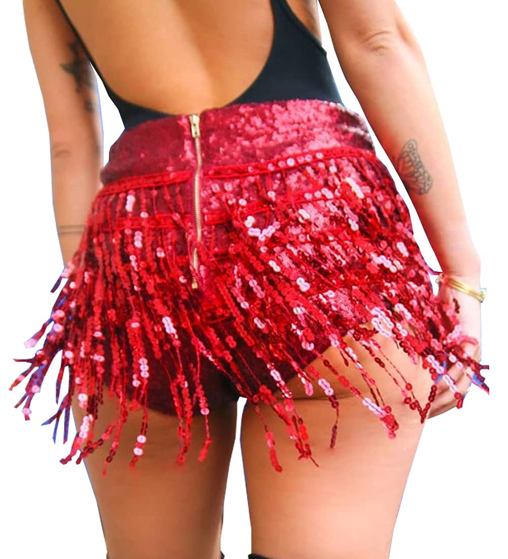 Yollmart Women's Sparkly Sequins Tassel Skirts Shorts - Booty Dance, Festival, Clubwear & Party Outfits - Perfect for Rave, Nightclub, Halloween & Costume Parties
