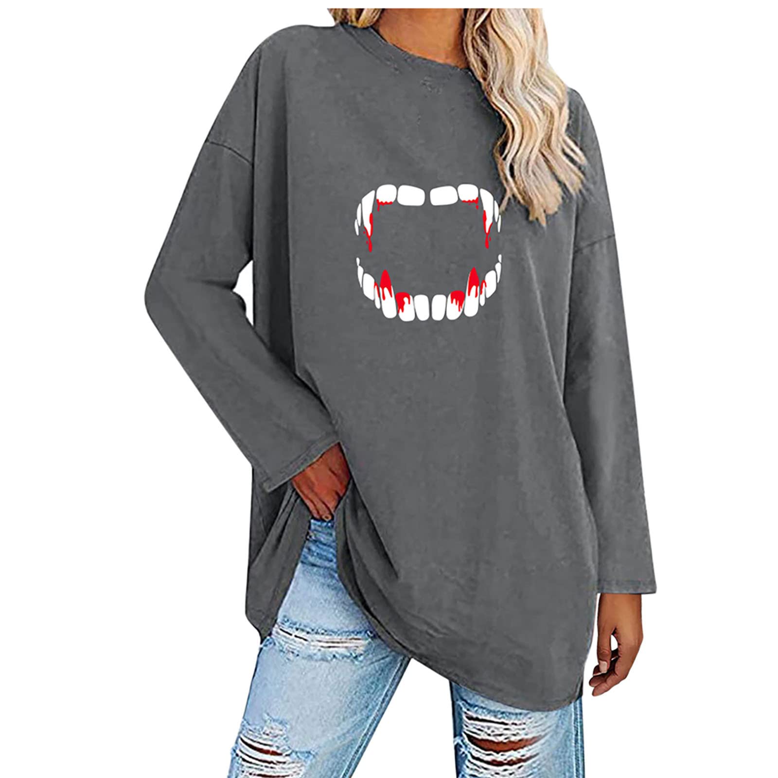 Halloween Tunic Tops for Women - Spooky Print Long Sleeve T-Shirts & Blouses | Casual O-Neck Pullover for Halloween Parties, Costumes & Fall Fashion