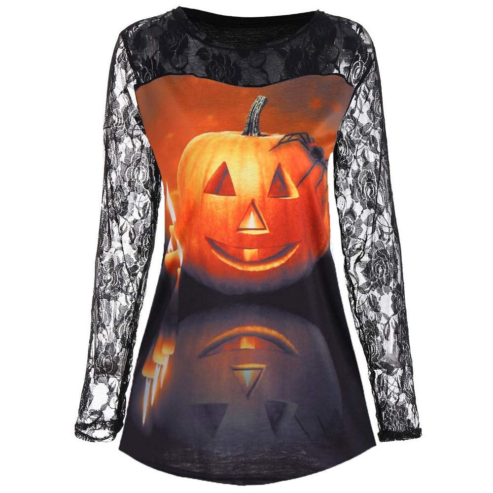 Halloween Shirts for Women - Forthery Long Sleeve Pumpkin Lace Blouse Tops | Cute Casual Halloween Costume & Party Outfit