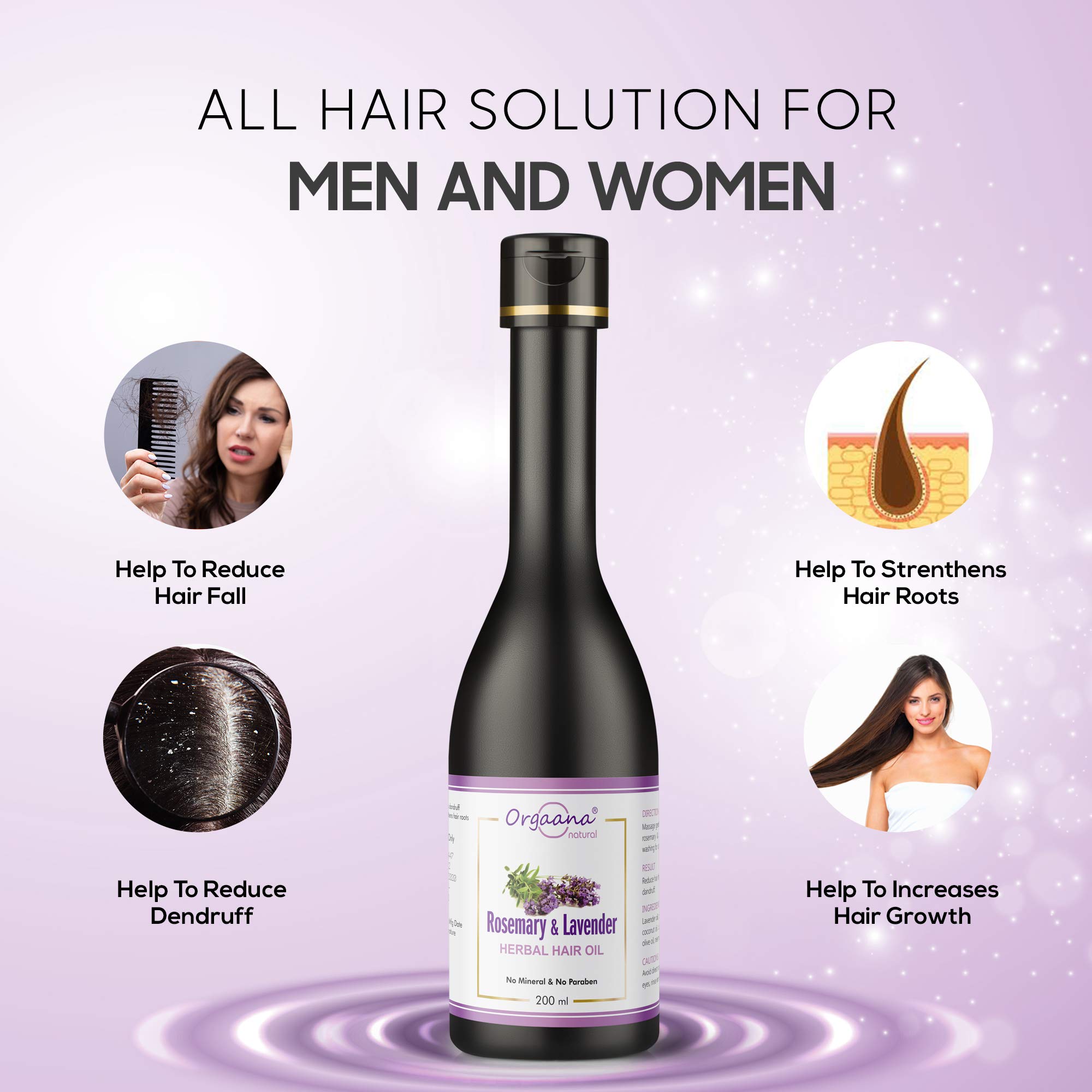 Orgaana Natural Rosemary & Lavender Herbal Hair Oil (200ml) - Promotes Hair Growth, Reduces Dandruff & Adds Shine - Perfect for Dry, Damaged Hair & Scalp Care - Daily Use for Healthy, Stronger Hair