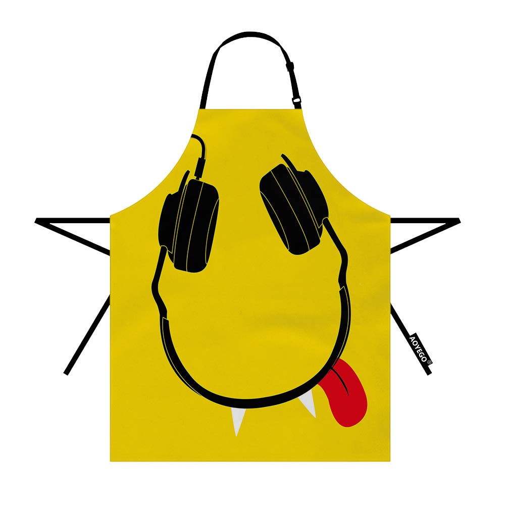 Funny Cartoon Smile Face Headset Apron - 27x31 Inch Polyester Chef Apron for Men & Women - Perfect for Cooking, Baking, Painting, Factory Work, Waiting Tables & Butchering - Cute Kitchen Apron with Happy Eye Curve Design for Chefs, Artists & Workers