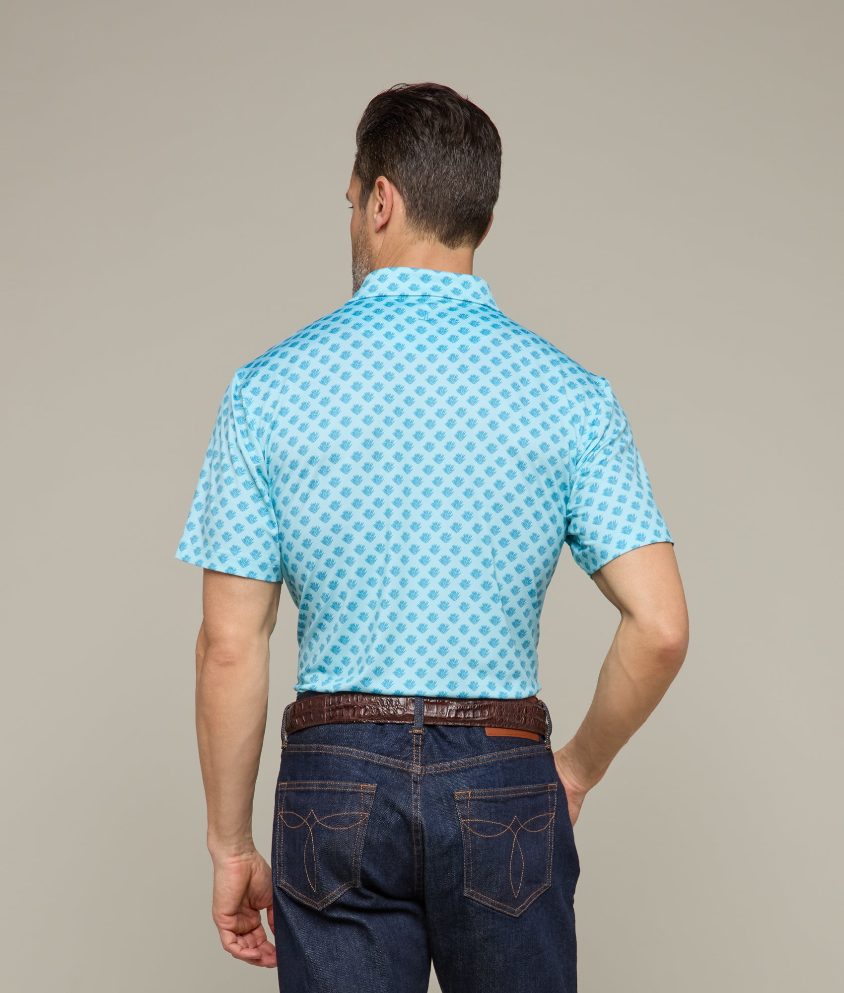 Lucchese Men's Golf Polo Shirt - Blue Cactus Print, Moisture-Wicking Performance Fabric for Comfort on the Golf Course & Casual Wear