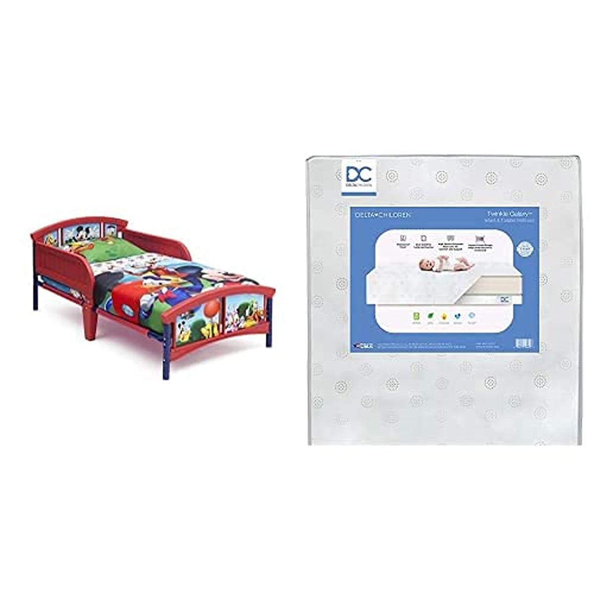 Delta Children Disney Mickey Mouse Twinkle Galaxy Toddler Bed with Dual-Sided Recycled Fiber Core Mattress - Safe Plastic Toddler Bed for Kids Room, Nursery & Daycare Use