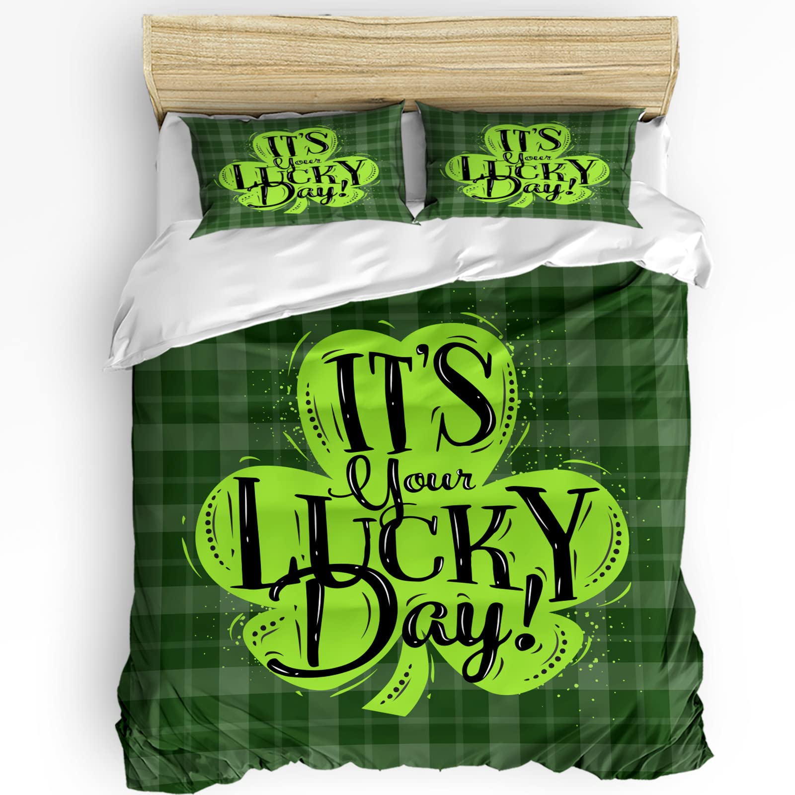 HELLOWINK 3-Piece Queen Size Duvet Cover Set - Lucky Clover Shamrock Buffalo Plaid Design with 2 Pillow Shams | Soft Lightweight Comforter Cover in Green | Perfect for St. Patrick's Day Decor, Guest Bedrooms & Cozy Farmhouse Style Bedding