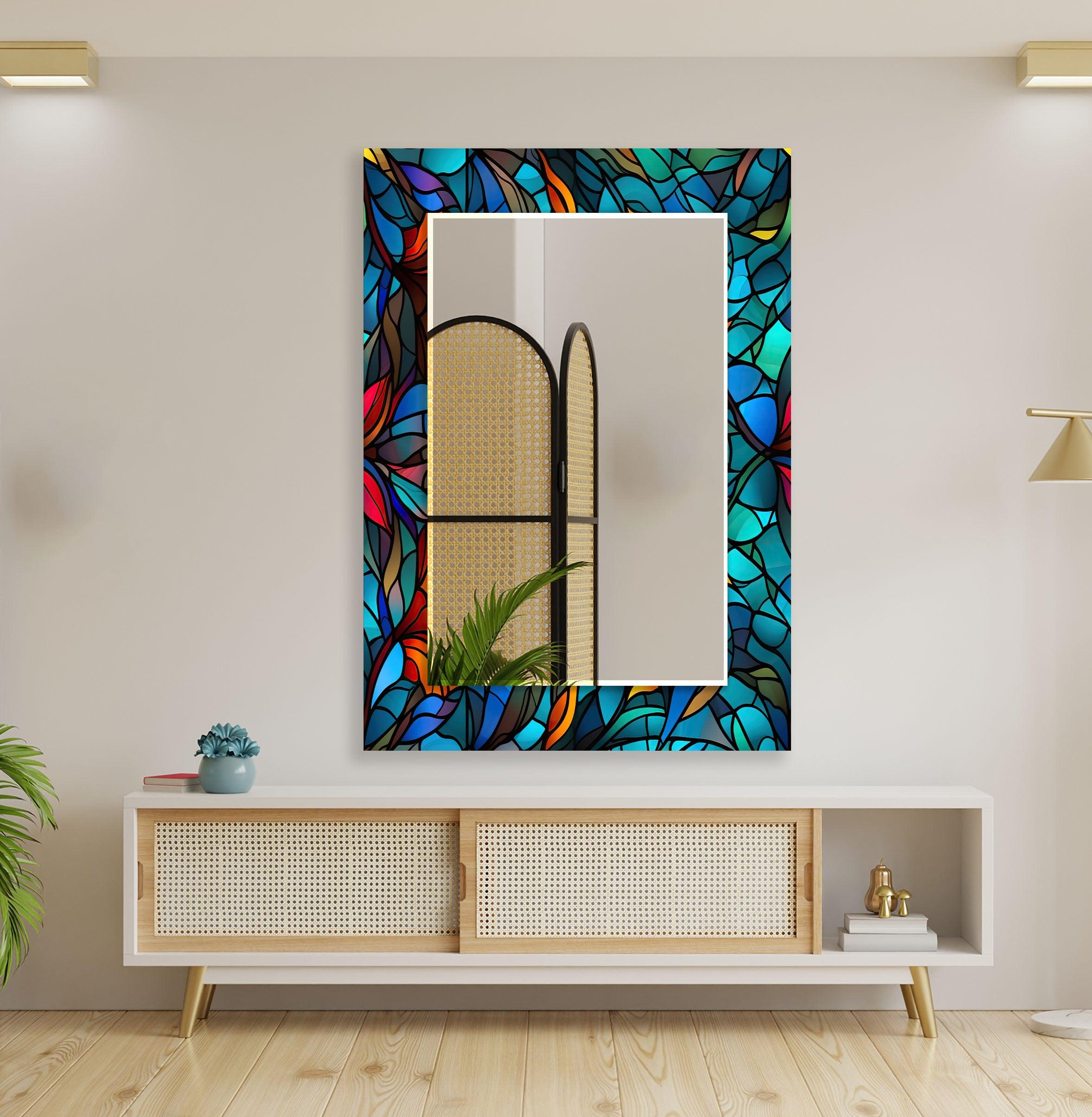 Blue Orange Leaf Wall Mirrors - Decorative Round Mirror for Living Room, Bedroom, Bathroom - Boho Home Decor Accent Piece