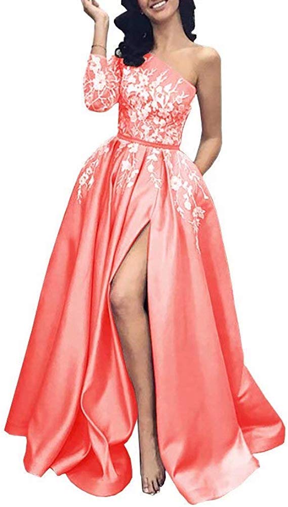 Elegant Long Sleeve Lace Prom Dress with One Shoulder & High Slit - Formal Evening Gown for Homecoming, Ball & Special Occasions