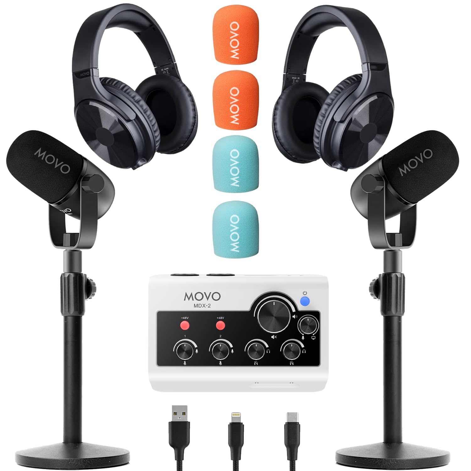 MOVO Portable Podcast Equipment Bundle for iPhone & Android - Audio Interface, 2 Dynamic Mics, Stands - Compatible with Smartphones, PC, Mac (Lightning/USB/USB-C) - Perfect for Home Studios, Streaming & Remote Interviews