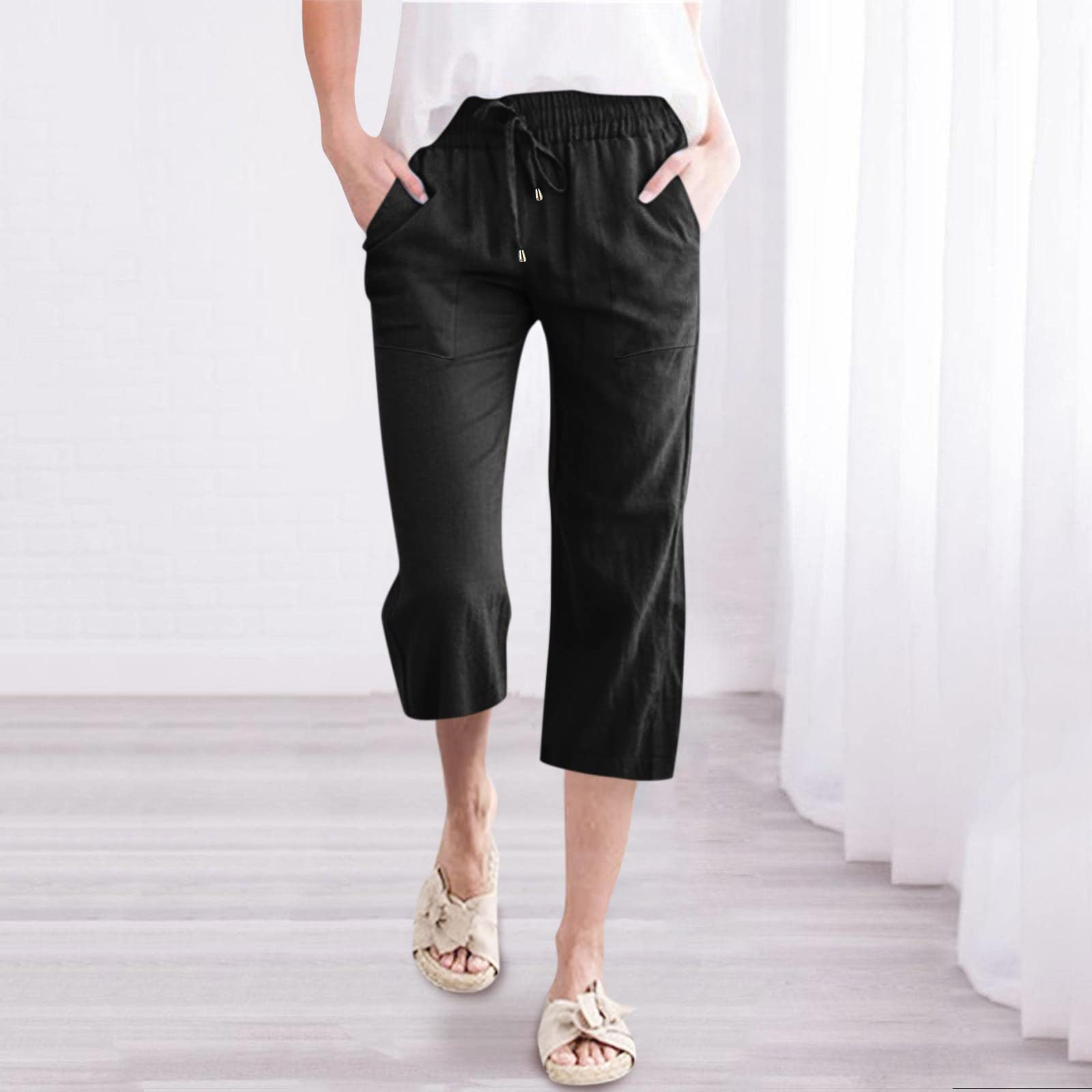 Women's Linen Pants - High Waist Drawstring Elastic Capri Pants for Summer | Straight Leg Solid Color with Pockets | Casual Wear, Beach Vacation & Yoga Outfit