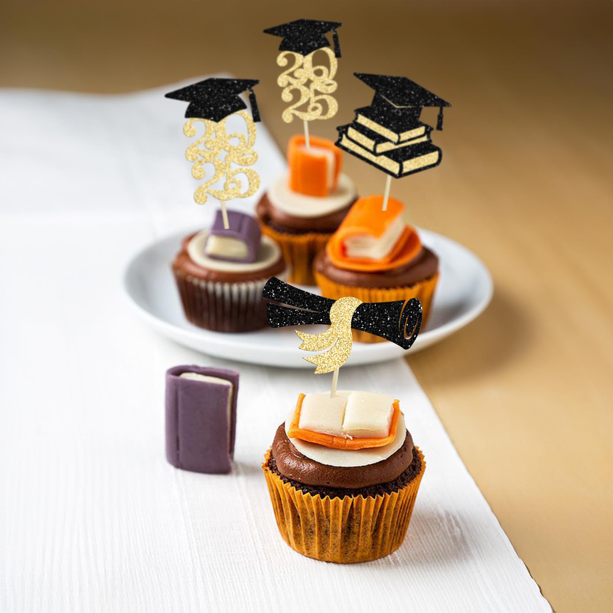 Ephlyn 24Pcs 2025 Graduation Cupcake Toppers - Glitter Diploma & Grad Cap Cake Decorations for Class of 2025 Party Supplies (Black & Gold) | Perfect for Graduation Celebrations, School Parties & Dessert Table Decor
