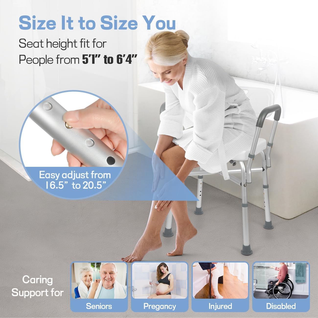 TABEKE Adjustable Shower Chair with Backrest & Padded Armrest - 500lb Capacity Compact Bath Seat for Elderly & Disabled - FSA/HSA Eligible Non-Slip Shower Bench with Suction Cups - Perfect for Safe Bathing & Handicap Accessibility in Home Bathrooms