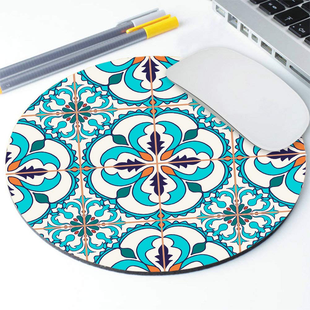 Portuguese Tile Print Mouse Pad - Moroccan & Mediterranean Design Round Mouse Mat for Office, Gaming & Home Desk Accessories | Perfect Gift for Coworkers & Friends