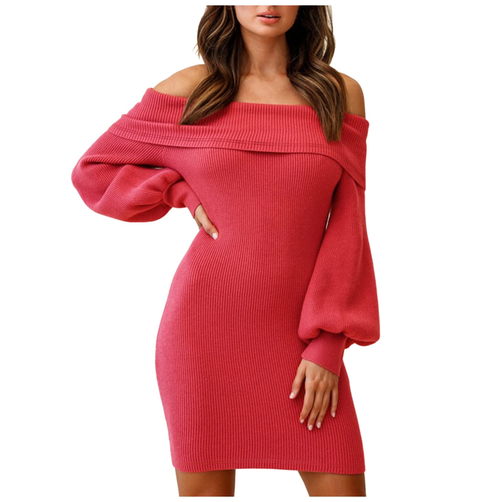 Sexy Off Shoulder Long Sleeve Wrap Dress for Women - Elegant Knit Bodycon Skirt with Lantern Sleeves - Perfect for Date Night, Party Wear & Winter Fashion