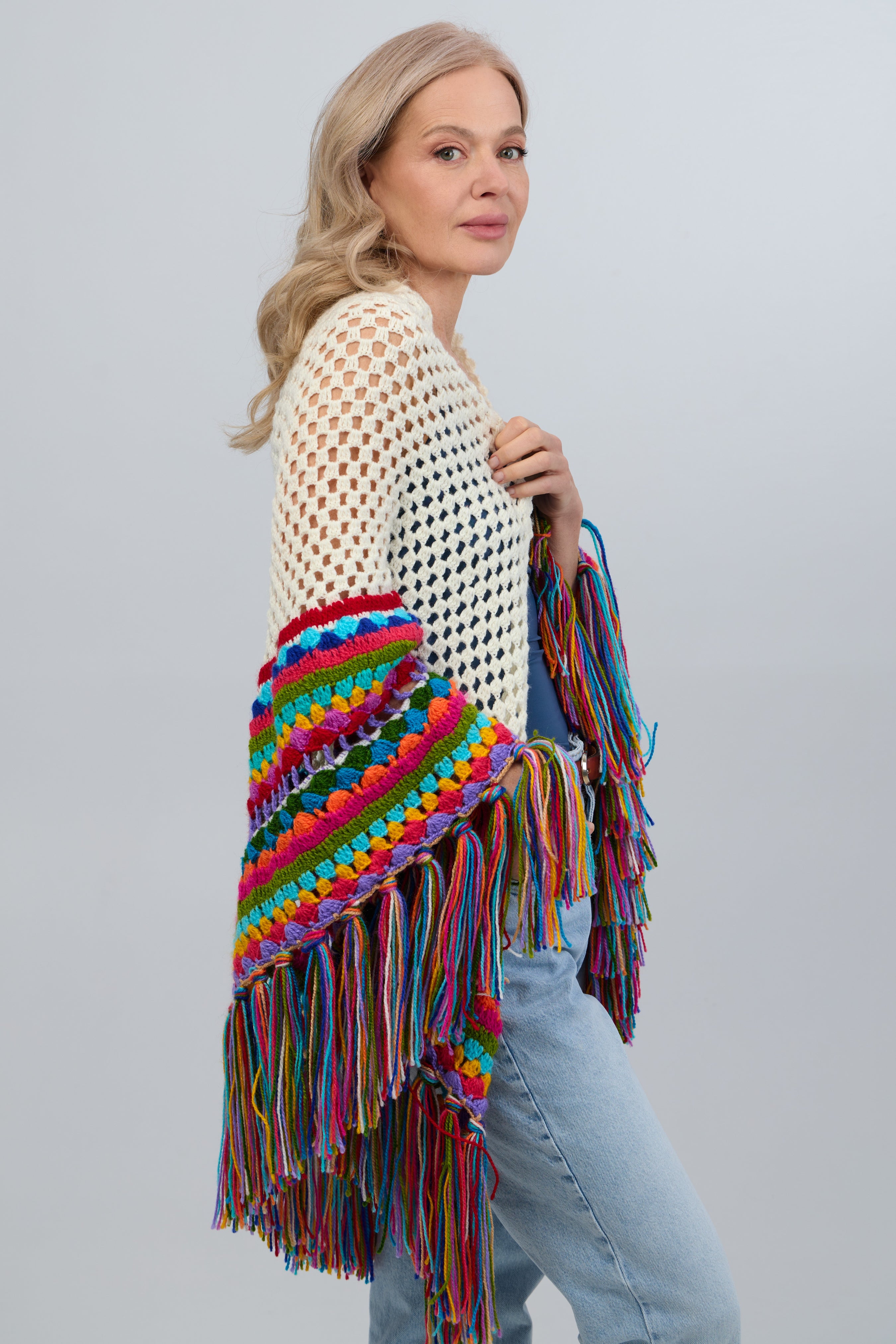 Rainbow Crochet Fringe Wrap Shawl - Colorful Boho Chic Handmade Knit Scarf for Women - Perfect for Music Festivals, Beach Cover-ups & Boho Fashion Accessories