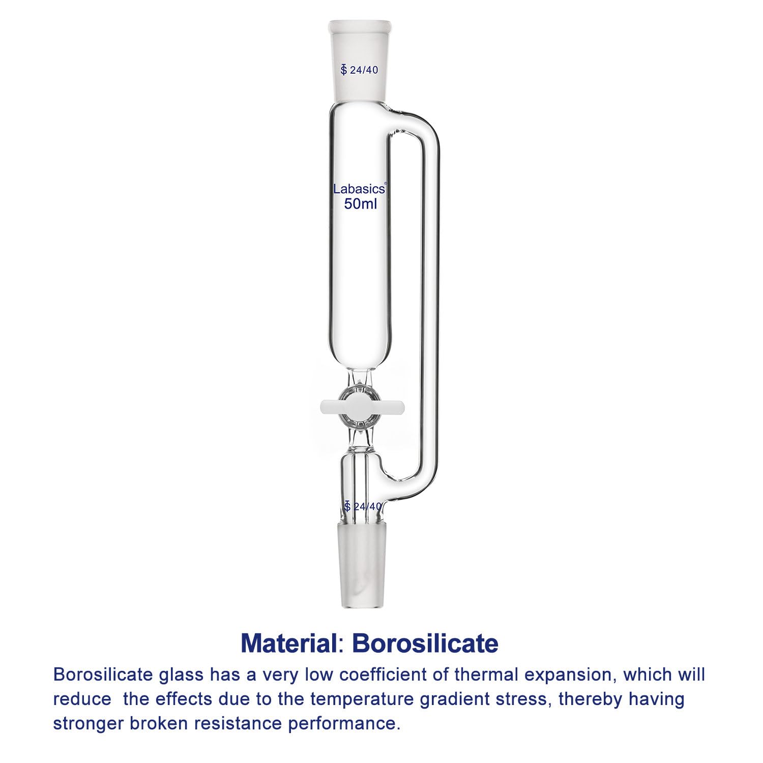 Labasics 50ml Pressure Equalizing Addition Funnel, Borosilicate Glass Dropping Funnel with 24/40 Joint & PTFE Stopcock - Ideal for Precise Liquid Transfer in Chemistry Labs, Distillation, and Titration Experiments
