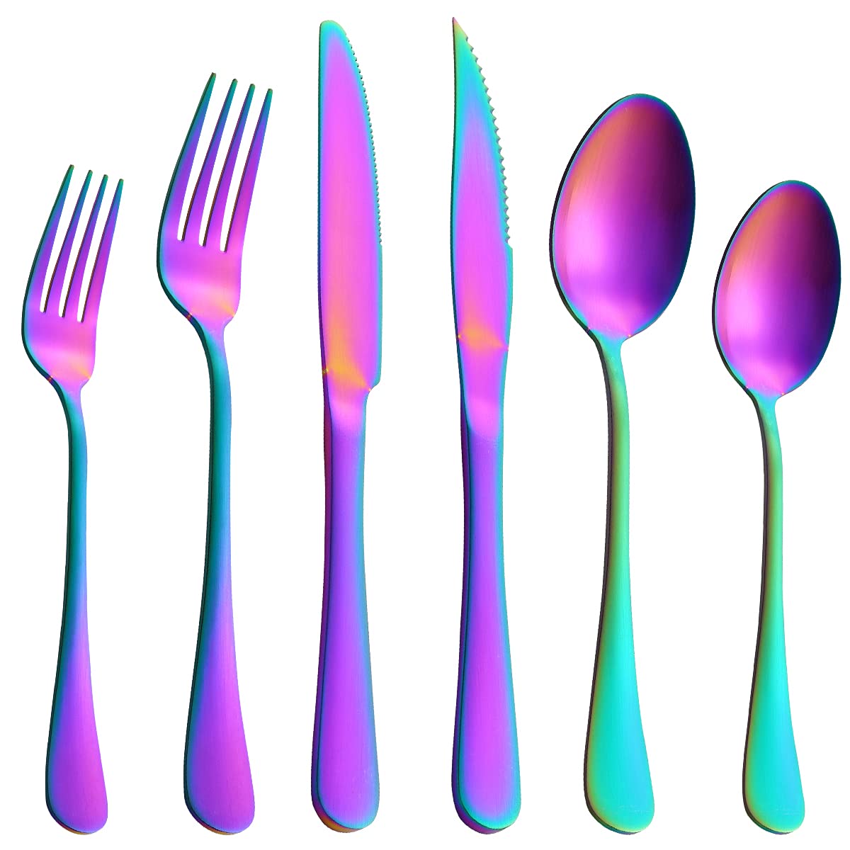 24-Piece Matte Rainbow Silverware Set with Steak Knives - Stainless Steel Flatware Set for 4 - Modern Cutlery Utensils with Spoons & Forks - Dishwasher Safe - Perfect for Restaurants, Dinner Parties & Home Dining