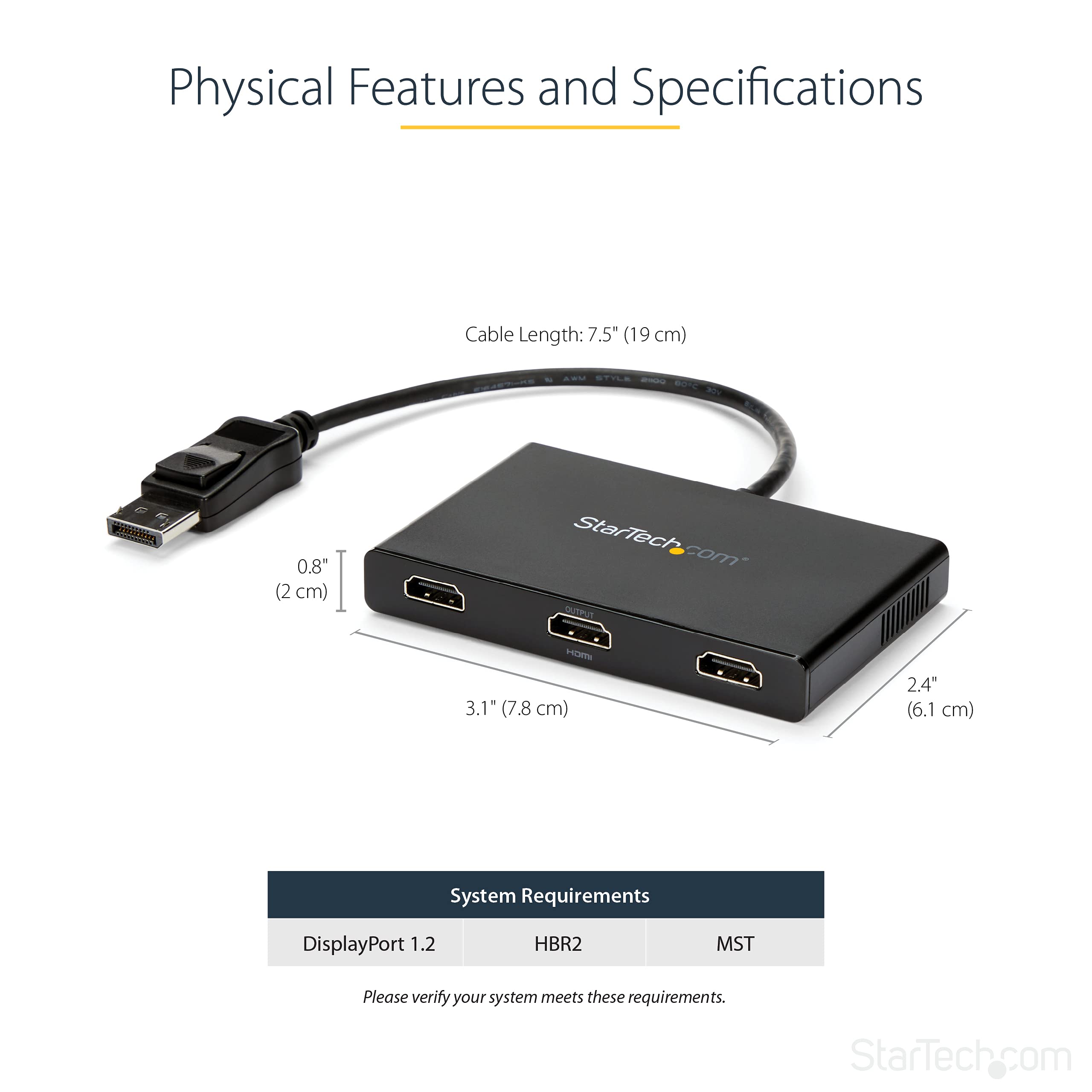 StarTech.com 3-Port Multi Monitor Adapter - DisplayPort 1.2 to 3X HDMI MST Hub - Triple 1080p HDMI Monitors - Extended or Cloned Display Mode - Windows PCs Only - DP to 3X HDMI Splitter (MSTDP123HD) - Perfect for Office Workstations, Gaming Setups & Financial Trading Desks