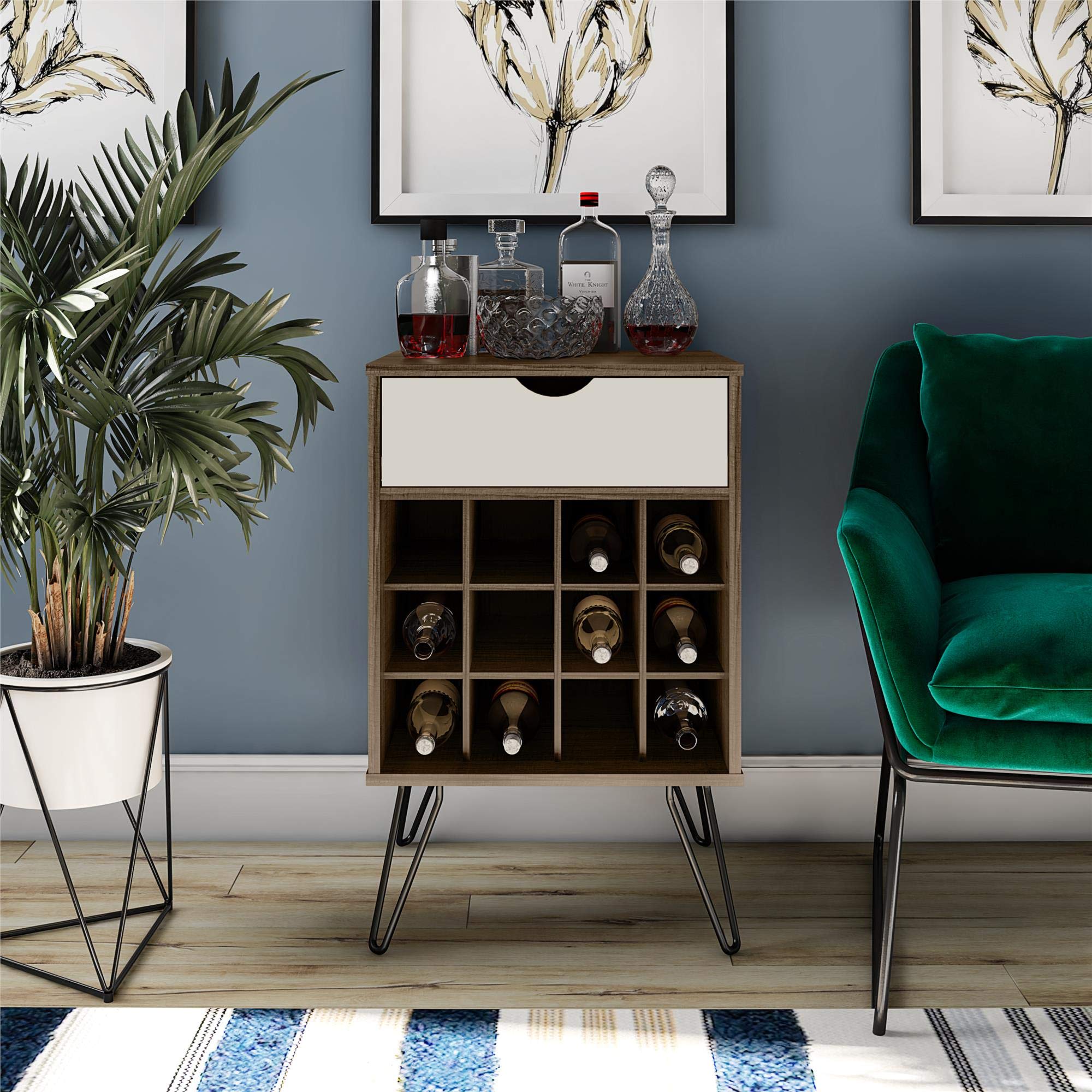 Novogratz Concord Brown Oak Beverage Storage Stand - Rustic Bar Cart for Wine, Beer & Liquor Bottles - Perfect for Home Bar, Kitchen & Entertainment Spaces