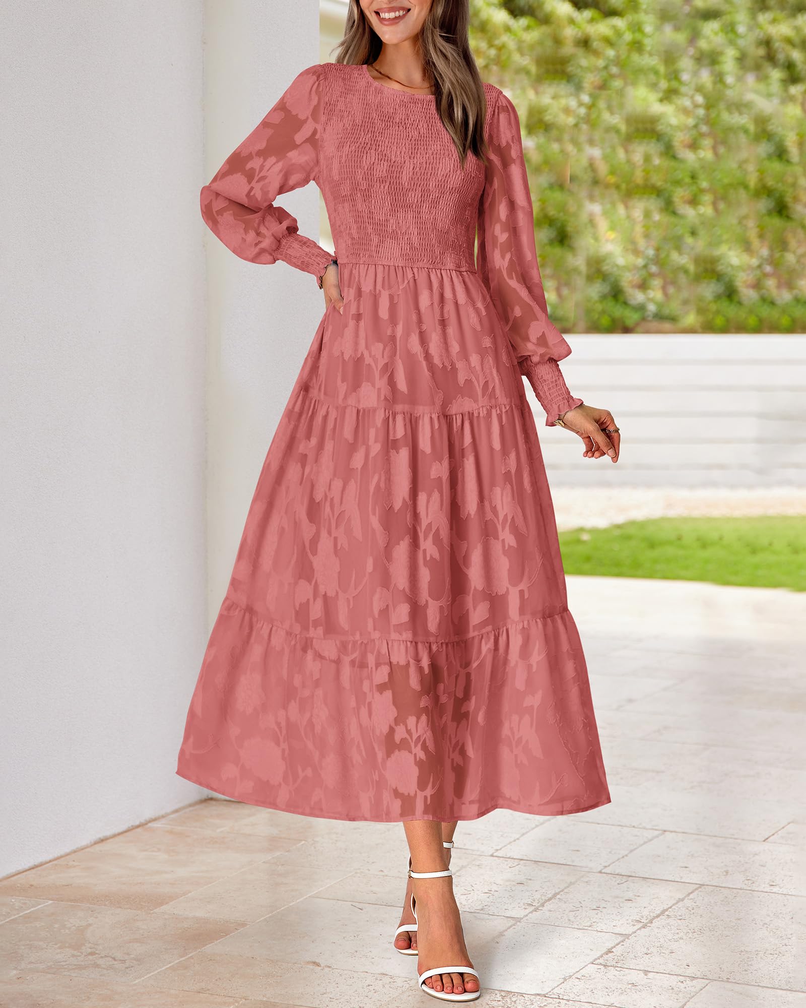 BTFBM Women's Elegant Floral Midi Dress - Long Sleeve Bohemian Wedding Guest Dress for Spring 2025 | Perfect for Garden Parties, Bridal Showers & Formal Events