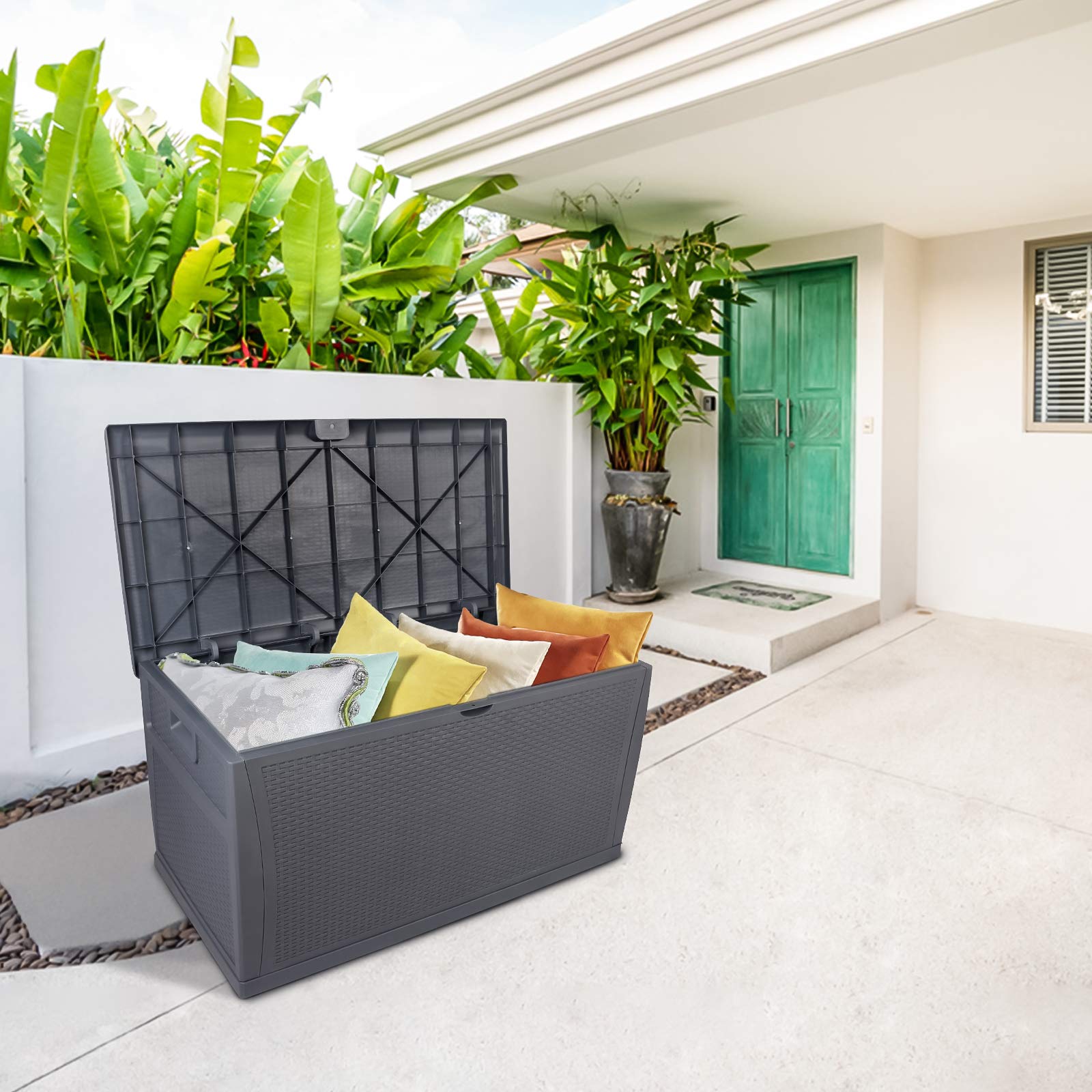 **Lockable 120 Gallon (460L) Waterproof Outdoor Storage Deck Box - Patio Garden Plastic Bench Seat with Lid, Grey - Perfect for Backyard, Deck, and Poolside Storage**