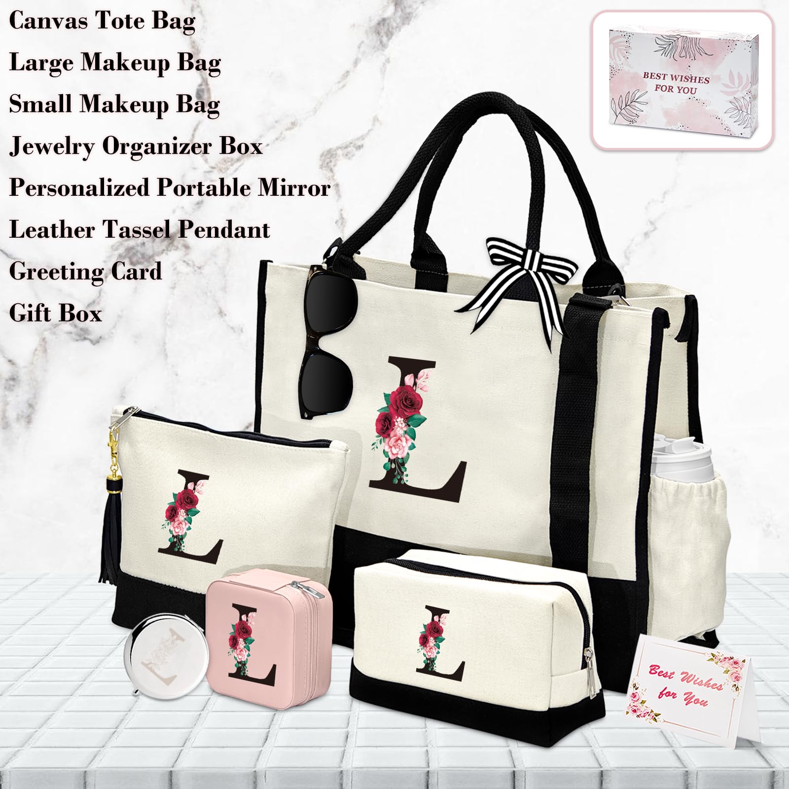 Personalized Initial Birthday Gift Basket for Women - Custom Canvas Tote Bag, 2 Makeup Pouches & Jewelry Travel Case | Thoughtful Present for Mom, Grandma, Teacher | Perfect for Christmas, Mother's Day & Special Occasions