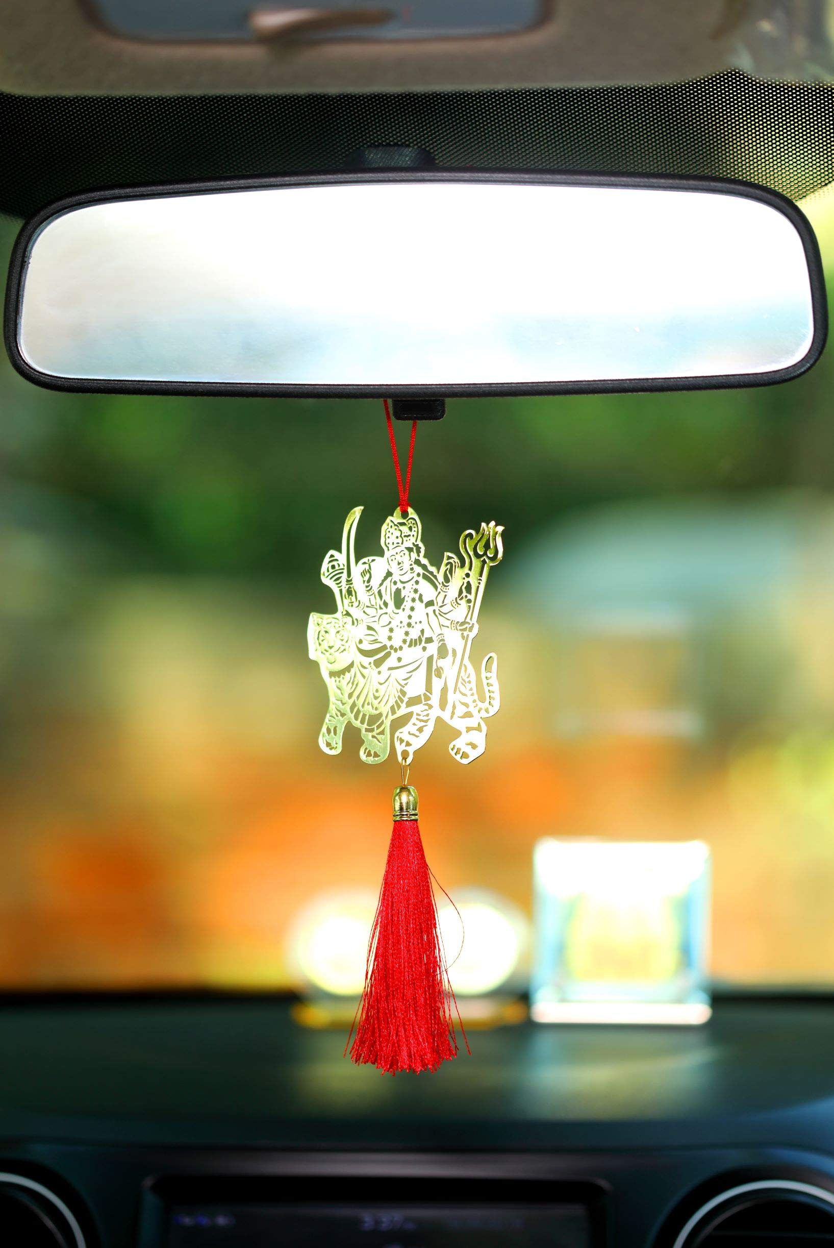 Handmade Brass Durga Maa Car Hanging Ornament - Divine Hindu Goddess Charm for Rearview Mirror Protection, Perfect Car Accessory & Spiritual Décor - Ideal for Daily Commute, Road Trips & Blessing Your Vehicle
