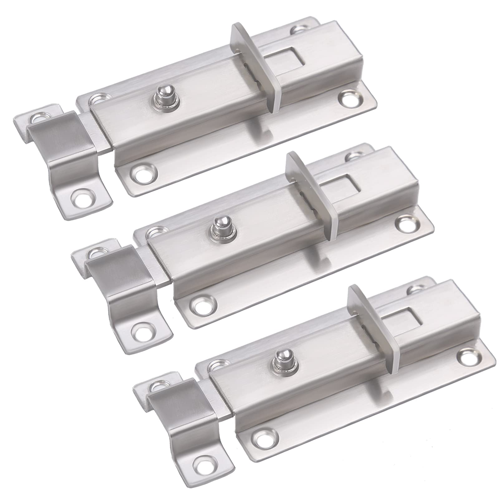 3 Pack 3 Inch Stainless Steel Heavy Duty Spring Slide Lock - Barrel Bolt with Button for Home, Hotel & Room Doors | Secure Sliding Doors, Cabinets & Gates (Silver)