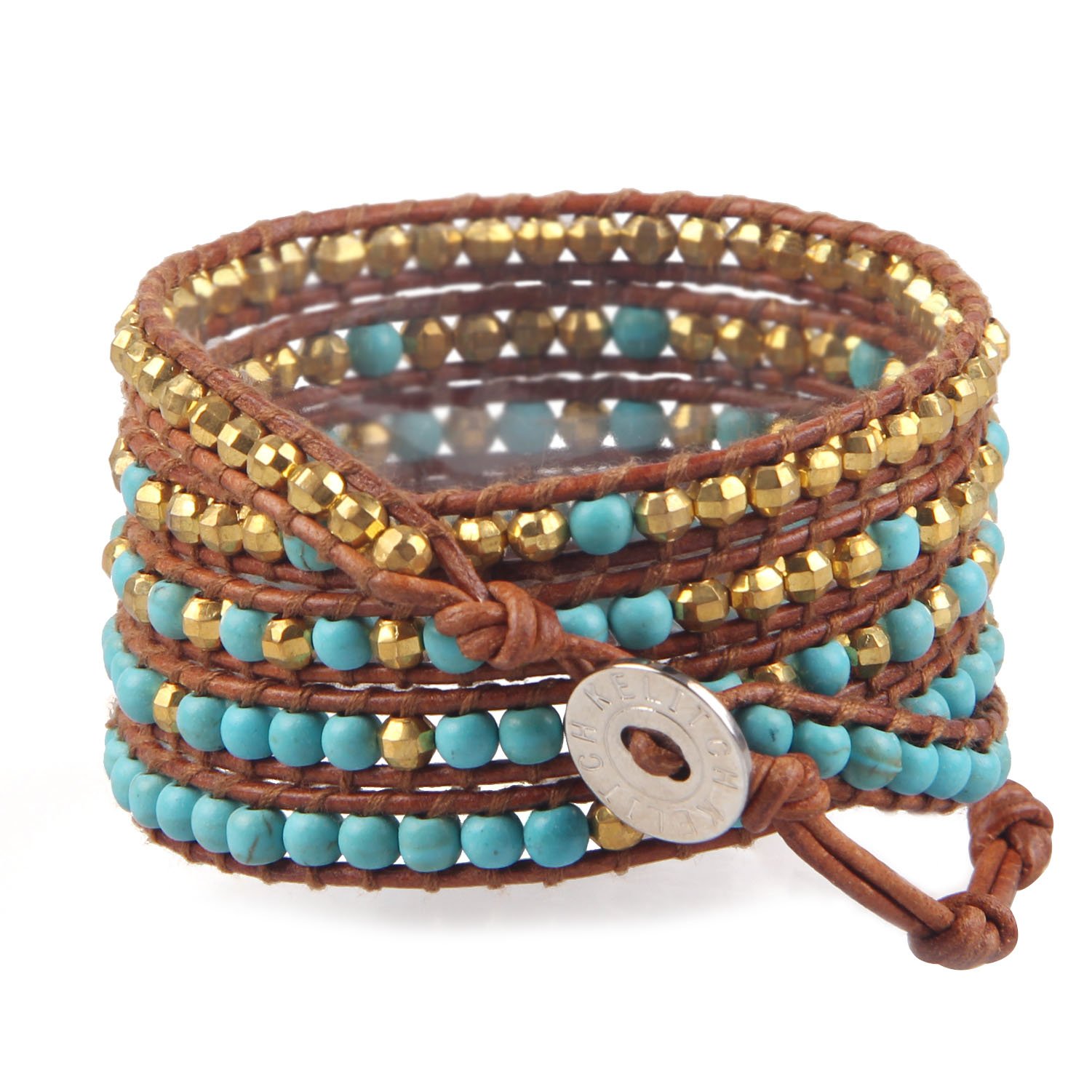 KELITCH Women's Turquoise Leather Wrap Bracelet - 5 Strand Bohemian Jewelry with Gold & Silver Beads for Casual & Festival Outfits | Perfect for Layering, Gift Giving & Boho Style Accessories