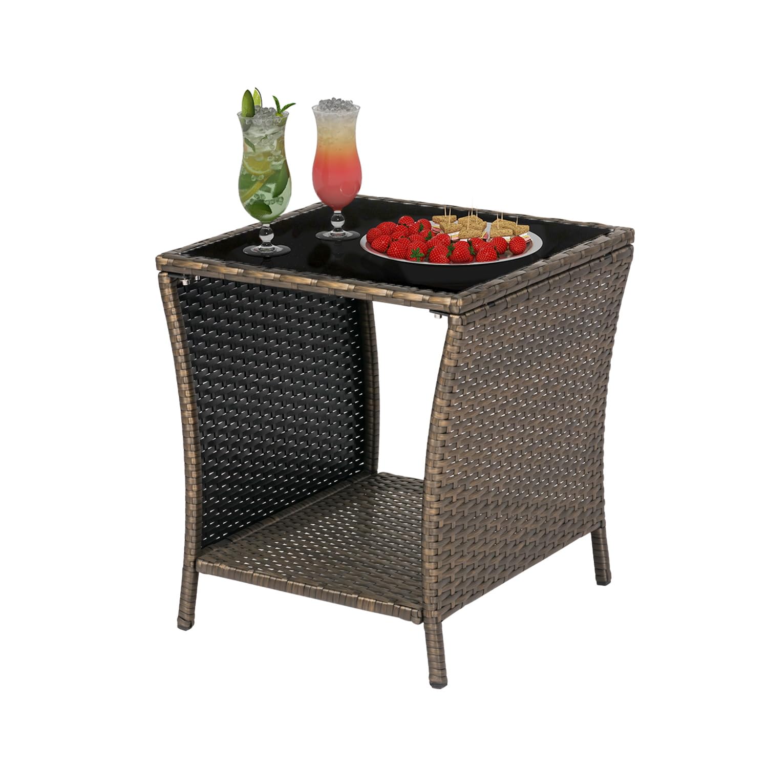 Kinbor Outdoor Side Table - Small Wicker End Table for Porch, Patio, Backyard & Poolside | Weather-Resistant & Easy Maintenance Gold Accent | Perfect for Lounge Chairs, Sunbathing & Outdoor Entertaining