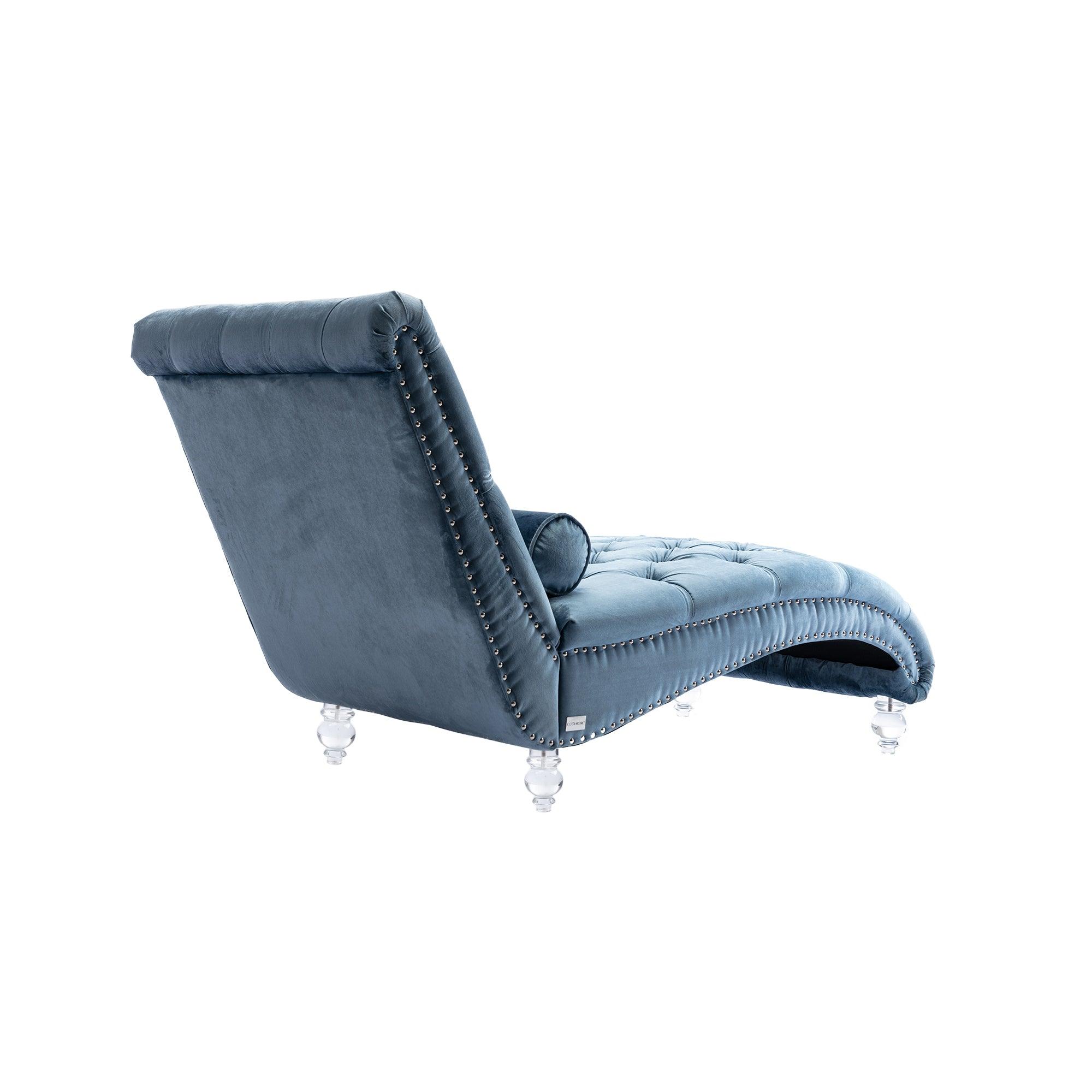 Luxury Velvet Chaise Lounge Chair - Button Tufted Upholstered Sofa with Pillow for Bedroom, Living Room & Office - Light Blue Velvet - Perfect for Relaxing, Reading & Home Decor