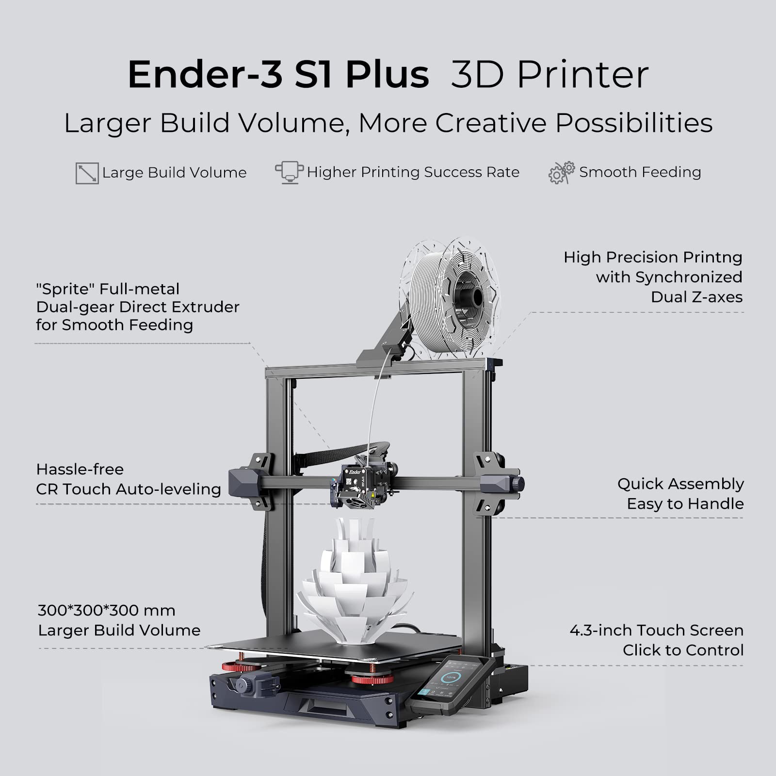 Creality Ender 3 S1 Plus 3D Printer with CR Touch Auto-Leveling | Sprite Direct Extruder | High-Precision Dual Z-Axis | Large Build Volume 300x300x300mm | Perfect for Home DIY, Prototyping & Hobbyist 3D Printing Projects