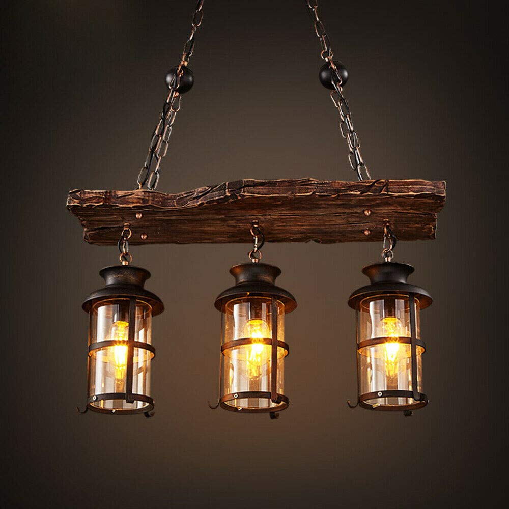 DYRABREST Industrial Farmhouse Wooden Chandelier - Rustic Hanging Pendant Light with Glass Shade, 3-Light Suspension Ceiling Fixture for Dining Room, Kitchen, or Living Room (E26/E27 Bulb Base)