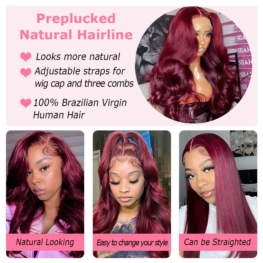 99J Burgundy Lace Front Wigs Human Hair - 30Inch Pre Plucked 13x4 HD Transparent Lace Frontal with Baby Hair, Body Wave Glueless Wigs for Women | Perfect for Daily Wear, Cosplay, Parties & Special Occasions