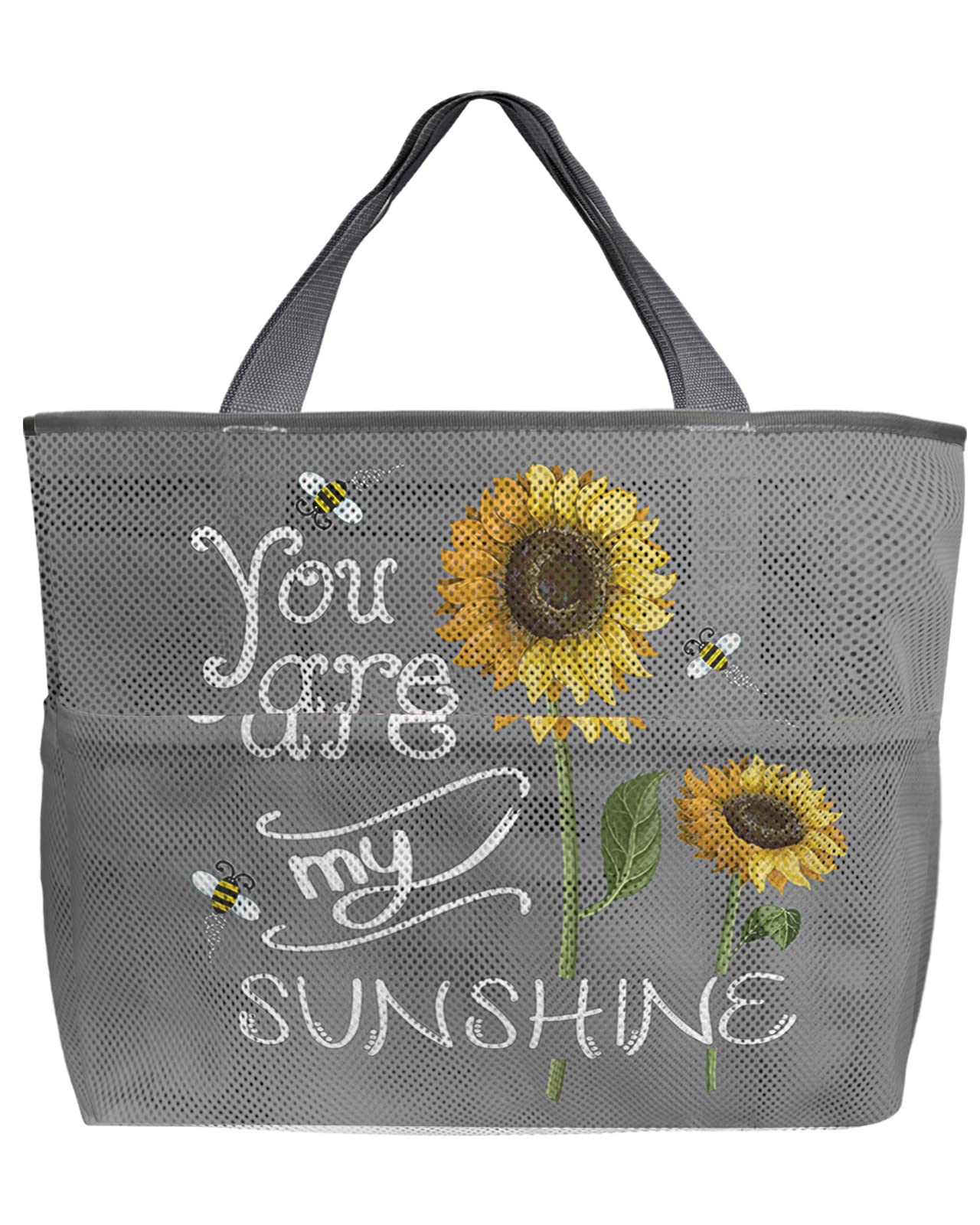 **Sunflower & Bees Mesh Beach Tote Bag - 60L Oversized Quick-Dry Swim Bag with Pockets, Foldable & Lightweight (24