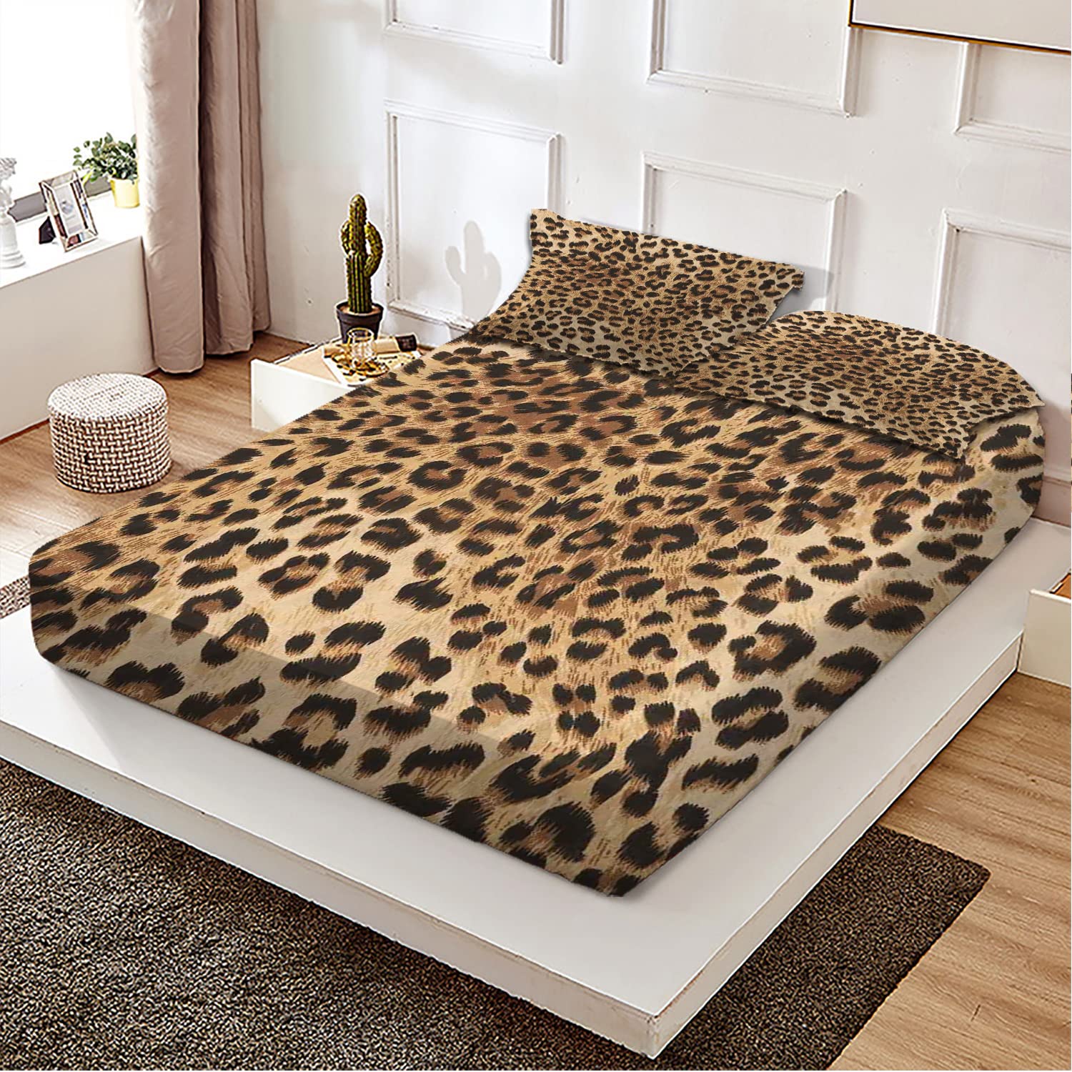 Leopard Print Twin/Twin XL Fitted Sheet Set - Wild Animal Skin Pattern, Ultra Soft & Breathable Bedding - Perfect Fit for Mattress - Pale Brown - Ideal for Jungle Themed Bedrooms, Kids Rooms & Boho Decor