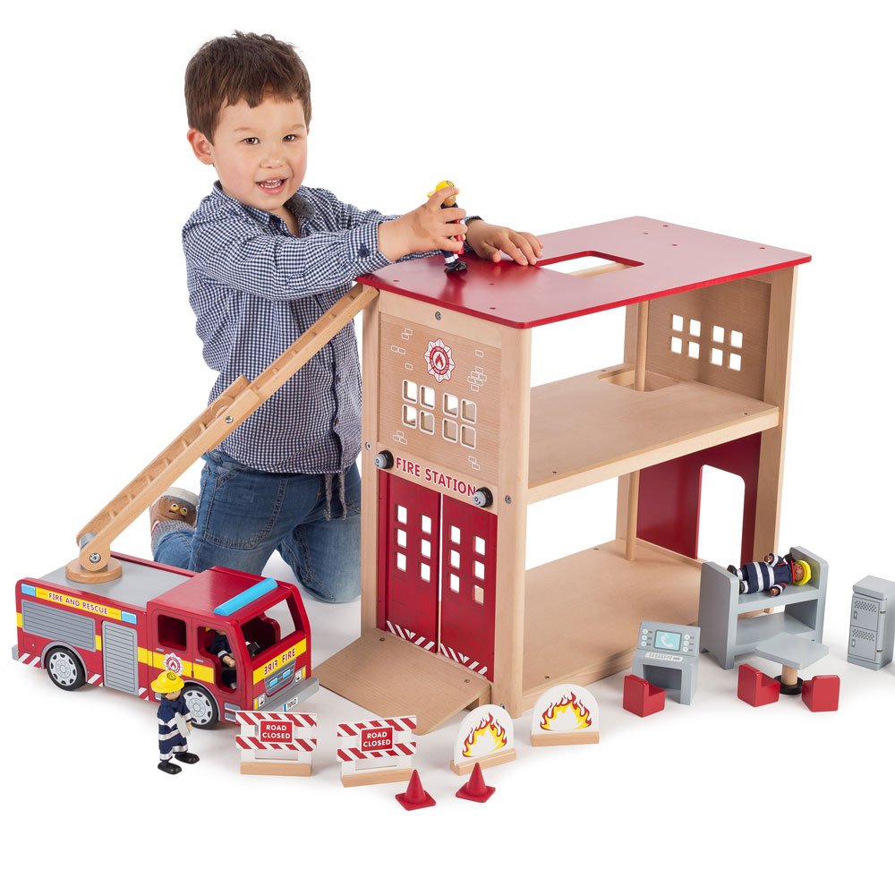 Wooden Fire Station Toy Set - Realistic Firefighter Playset for Kids with Ladder & Fire Truck - Perfect for Pretend Play, Birthday Gifts & Educational Role-Playing Games