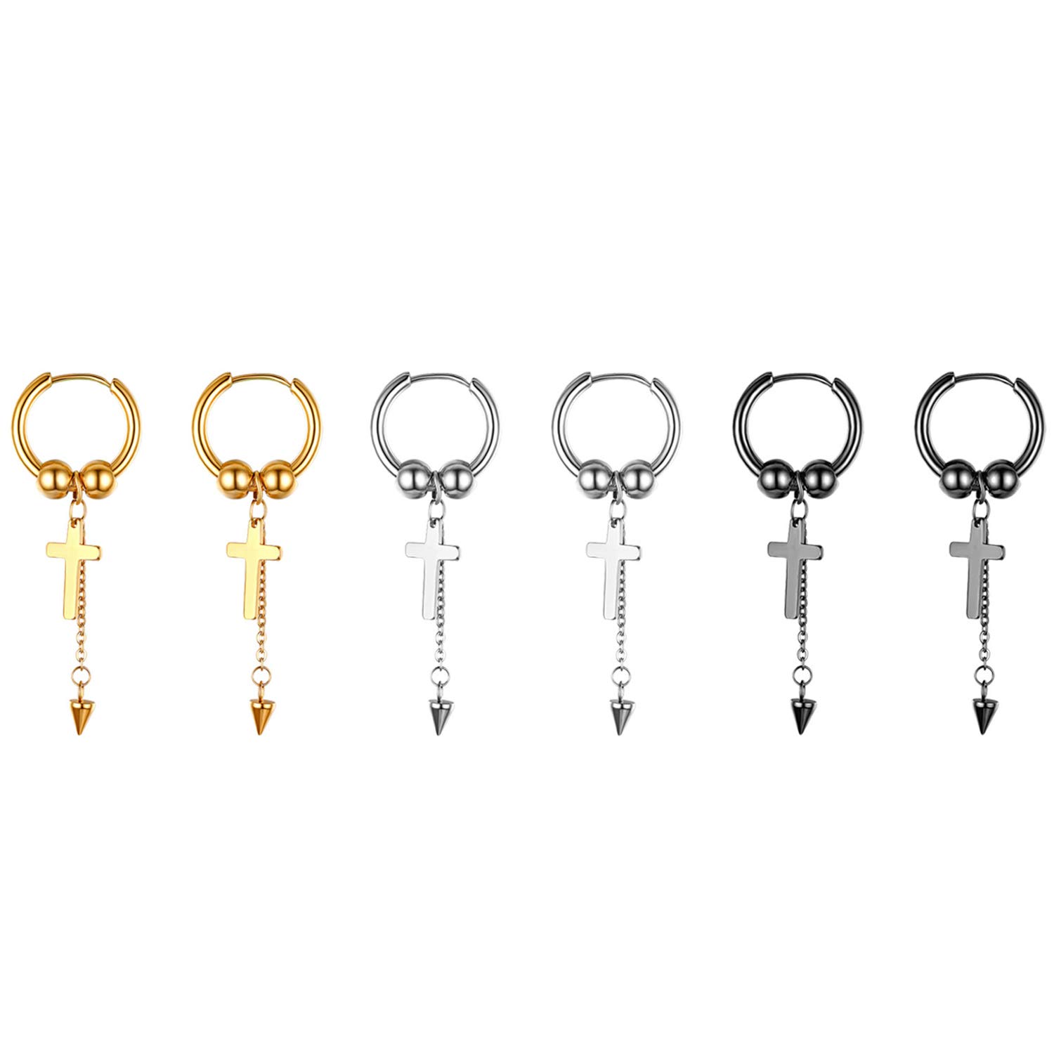 Cupimatch 3 Pairs Cross Dangle Hoop Earrings Set for Men & Women - Punk Cone Tassel Stainless Steel Huggie Hoop Earrings for Pierced Ears | Gothic Jewelry for Parties, Concerts & Everyday Wear
