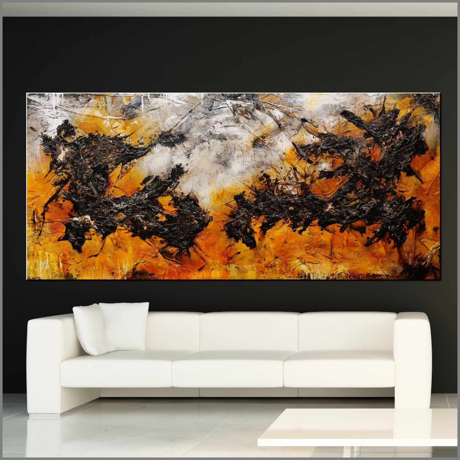 Grunged Sienna 270cm x 120cm Abstract Textured Canvas Painting in Black - Perfect for Modern Living Room & Office Wall Decor