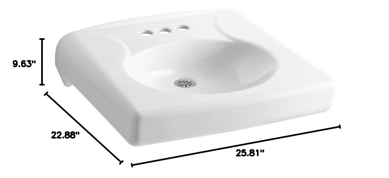 Kohler K-1997-4N-0 White Wall Mount Single Bowl Bathroom Sink - Perfect for Small Bathrooms, Powder Rooms & Space-Saving Designs