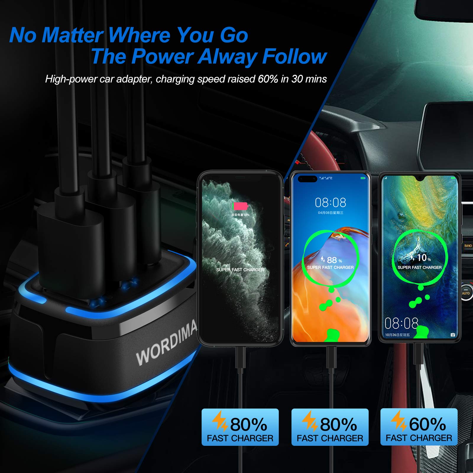 85W 3-Port Fast Car Charger with USB C - WORDIMA Cigarette Lighter Adapter for iPhone 15/14/13/12 Pro Max, iPad Pro, Google Pixel, OnePlus, Samsung Galaxy S21 & MacBook Pro/Air - Perfect for Road Trips & Multi-Device Charging