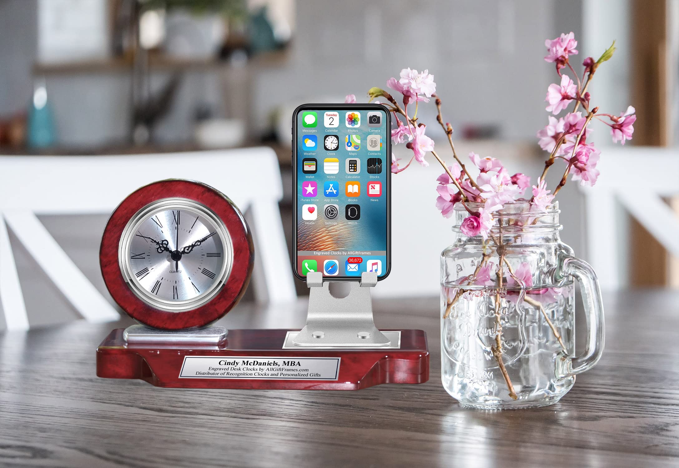 Personalized Engraved Nameplate Desk Clock & Phone Holder - Silver Executive Office Gift for Graduation, Tabletop Display with Custom Etched Name - Perfect for Home, Office, and Graduation Gifts