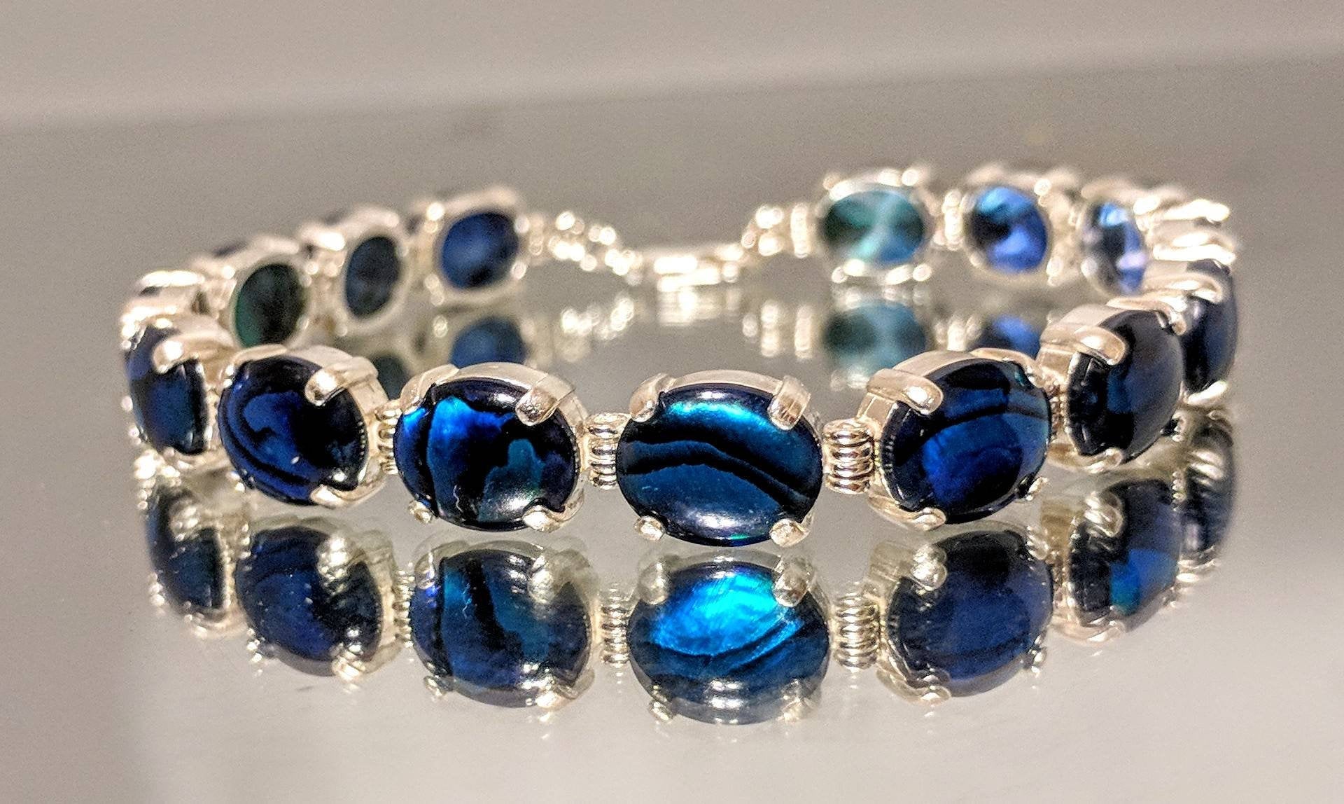 Handmade Solid Sterling Silver Natural Blue & Purple Paua Shell Bracelet - 7 Inch Adjustable Abalone Jewelry, 10x8mm Oval, Customizable Fine Jewelry for Women | Perfect for Beach Weddings, Boho Fashion & Gift Giving