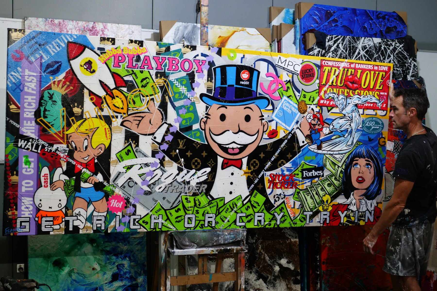 Mr Monopoly Temptation 270cm x 120cm Textured Urban Pop Art Canvas Painting - Modern Wall Decor for Living Room, Office & Game Room