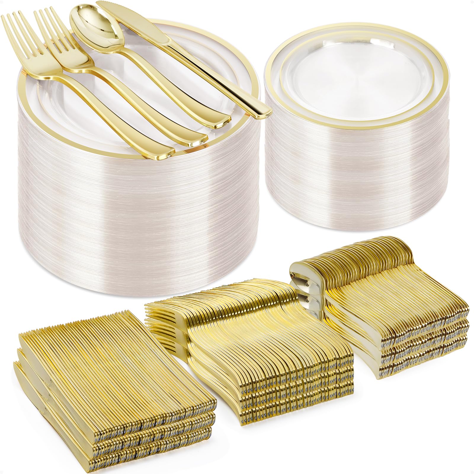 600-Piece Clear Gold Plastic Plate Set - Elegant Disposable Dinnerware for 100 Guests | Perfect for Weddings, Parties, Birthdays & Events (200 Plates, 200 Forks, 100 Spoons, 100 Knives) | Ideal for Catering, Buffets & Outdoor Gatherings